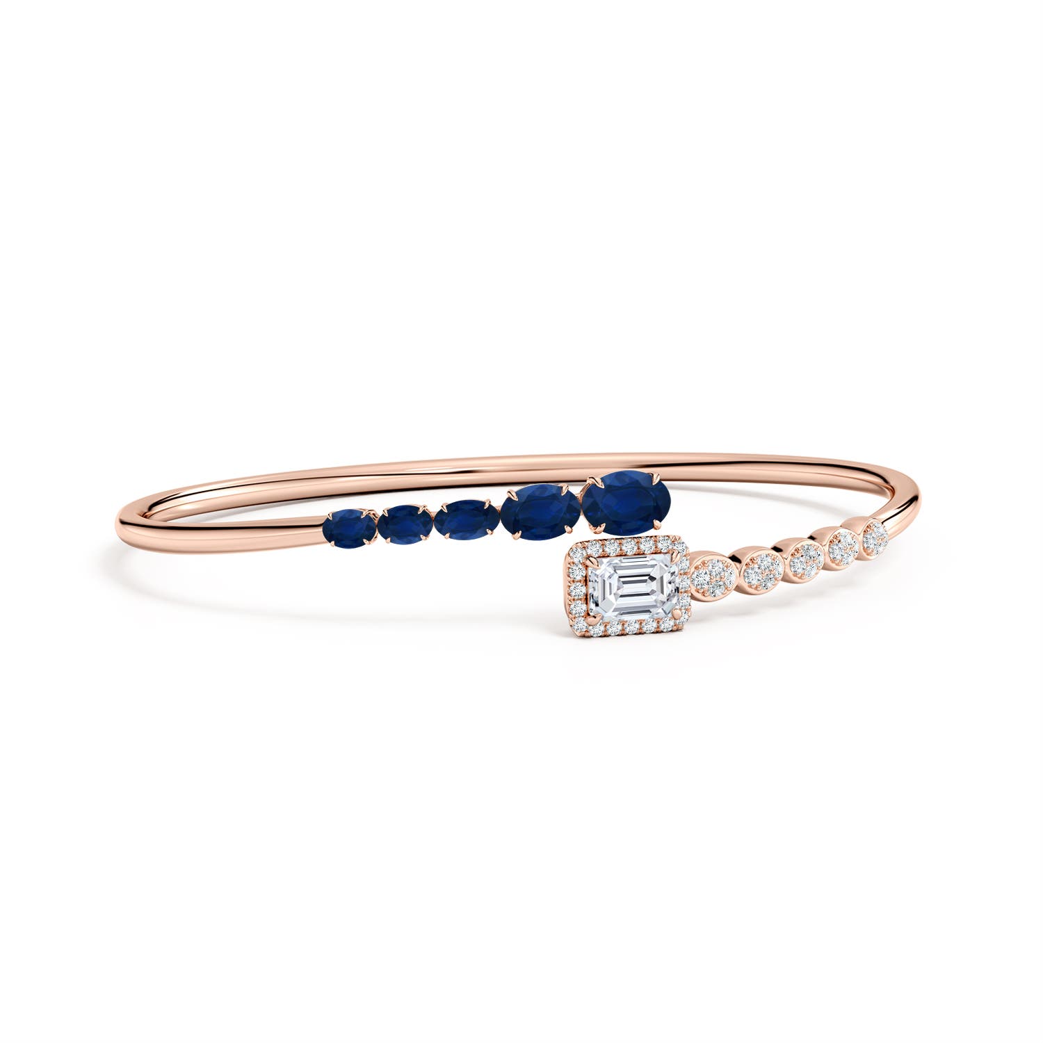 7x5mm AA Oval Blue Sapphire and Emerald-Cut Diamond Open Bangle in Rose Gold
