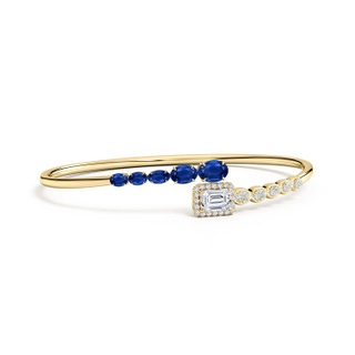 7x5mm AAA Oval Blue Sapphire and Emerald-Cut Diamond Open Bangle in 9K Yellow Gold