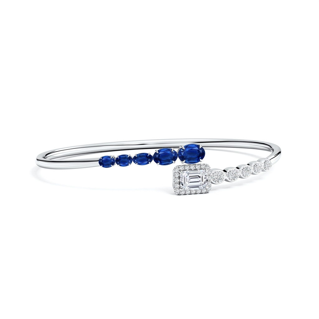 7x5mm AAA Oval Blue Sapphire and Emerald-Cut Diamond Open Bangle in White Gold