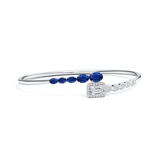 7x5mm AAA Oval Blue Sapphire and Emerald-Cut Diamond Open Bangle in White Gold