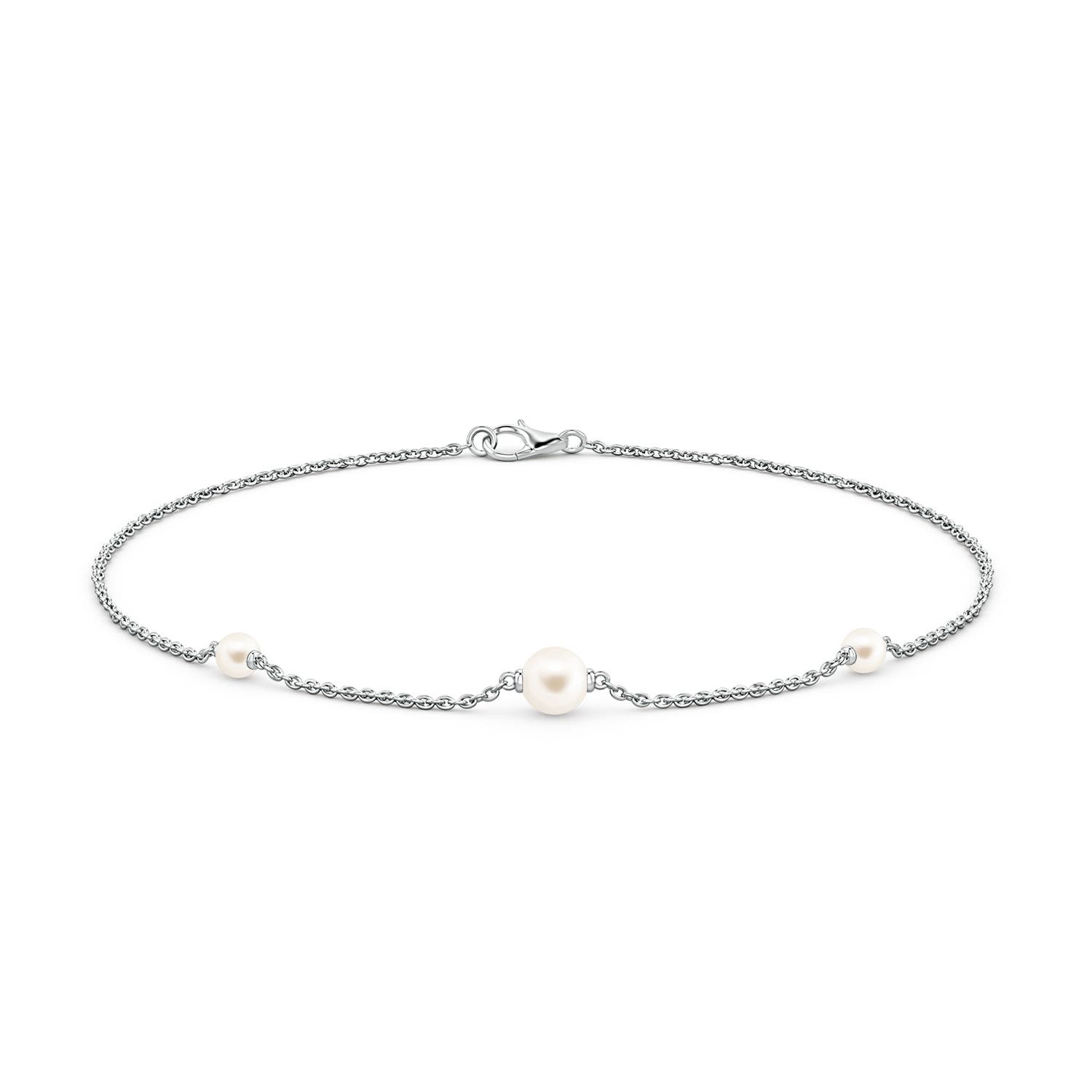 4mm AAA Asymmetrical Freshwater Pearl Station Chain Link Bracelet in 18K White Gold