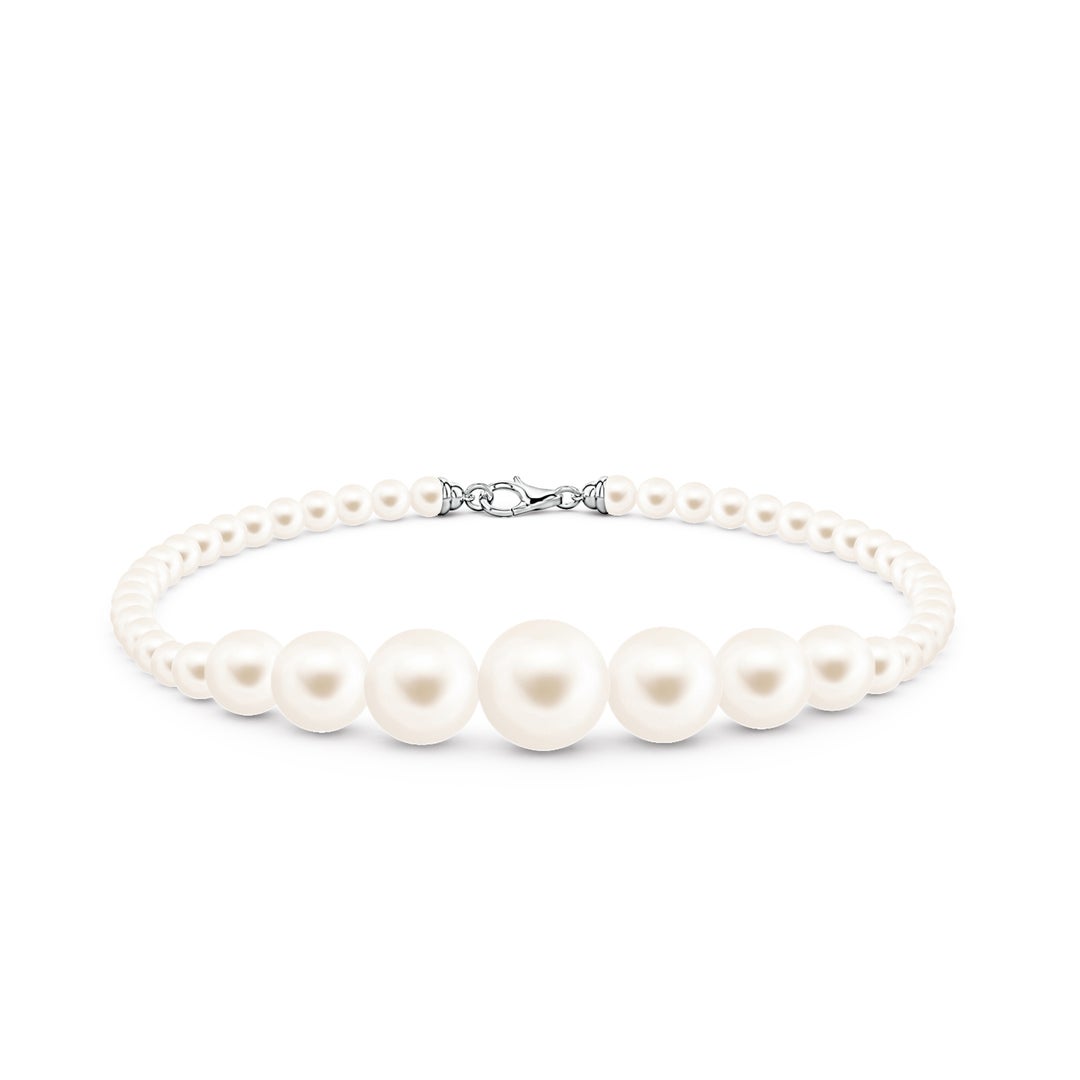 9mm AAA Graduated Freshwater Pearl Single Strand Bead Bracelet in White Gold - side 2