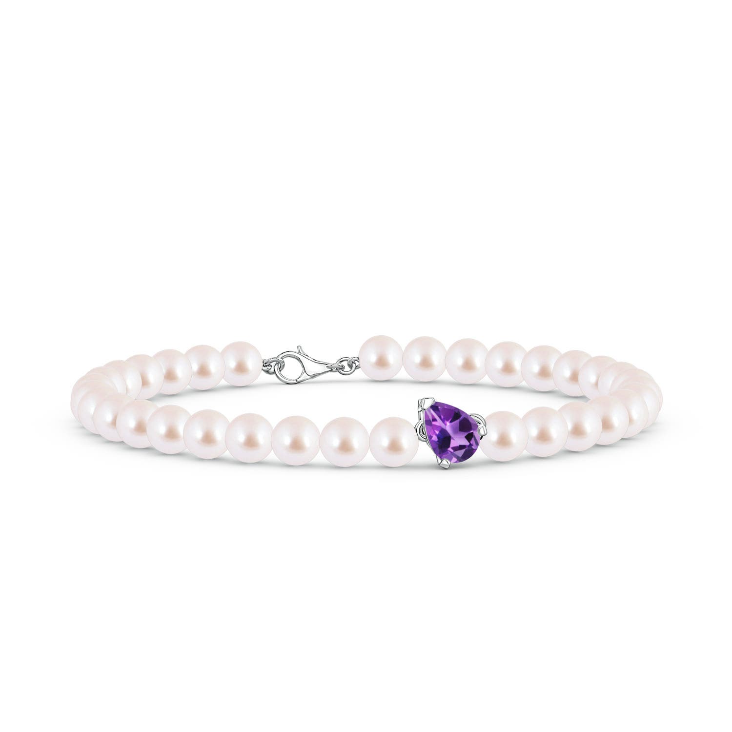 7x5mm AAA Offset Pear Amethyst and Akoya Pearl Single Strand Bracelet in White Gold