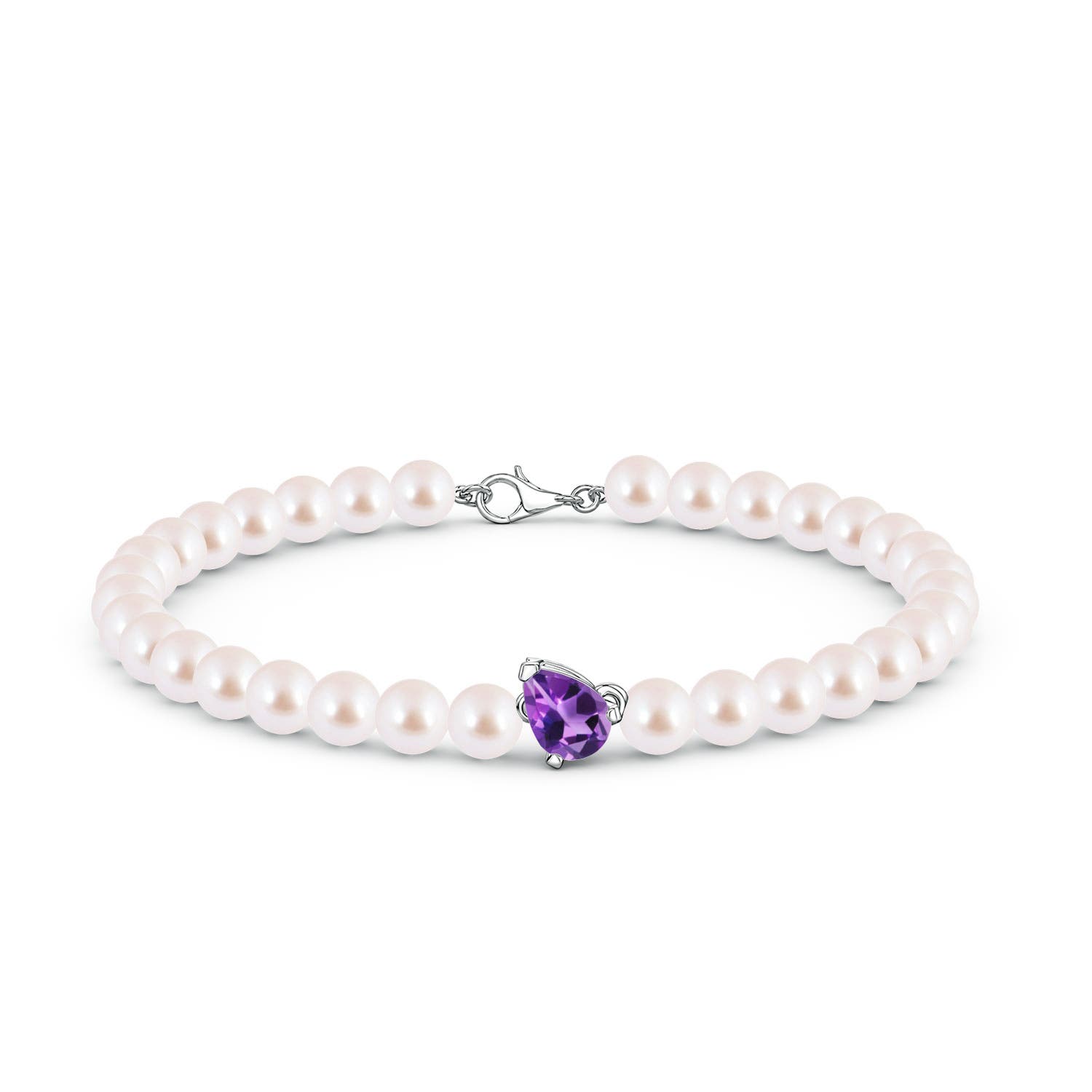 7x5mm AAA Offset Pear Amethyst and Akoya Pearl Single Strand Bracelet in White Gold - side 2