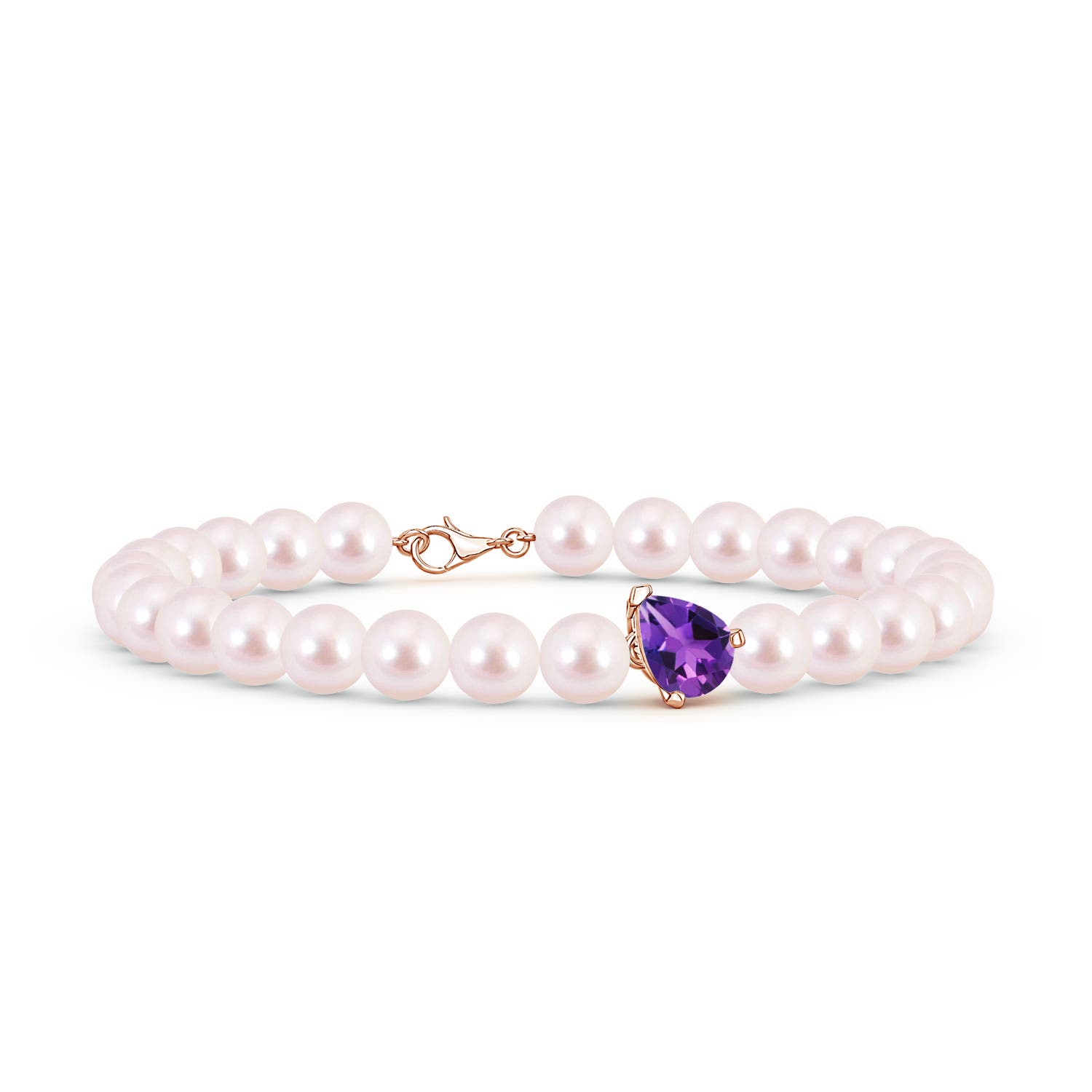 8x6mm AAAA Offset Pear Amethyst and Akoya Pearl Single Strand Bracelet in 18K Rose Gold