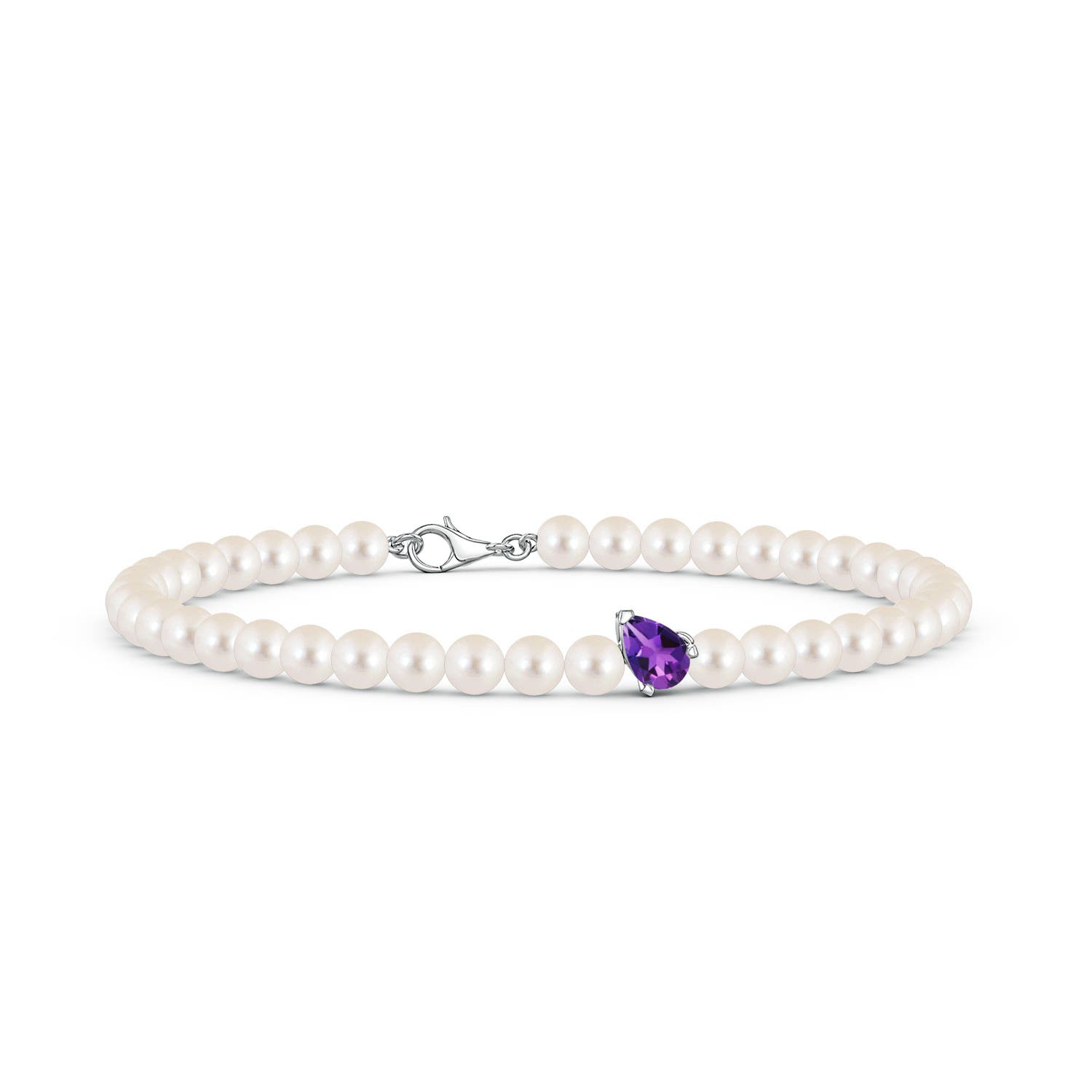6x4mm AAAA Offset Pear Amethyst and Freshwater Pearl Single Strand Bracelet in White Gold