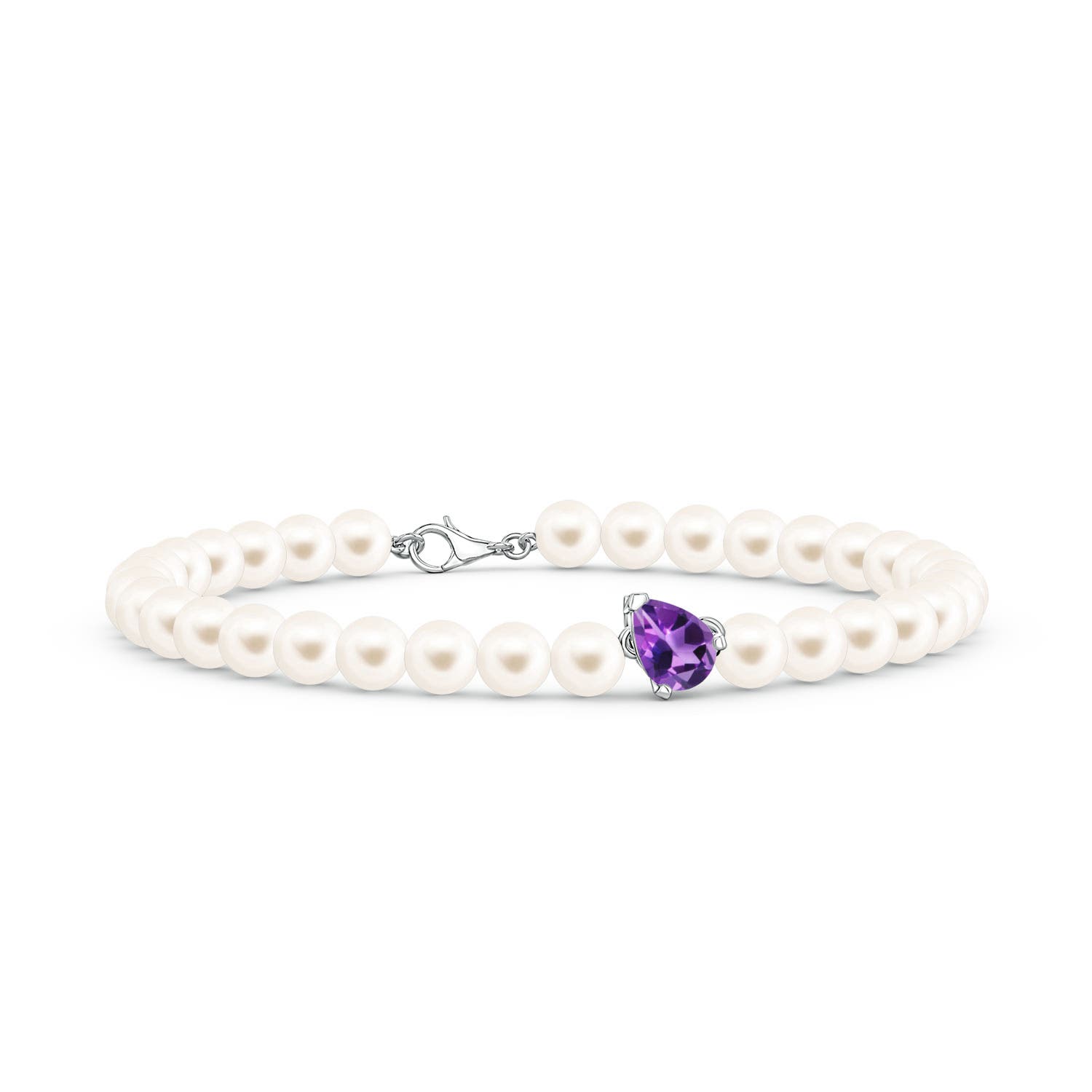 7x5mm AAA Offset Pear Amethyst and Freshwater Pearl Single Strand Bracelet in White Gold