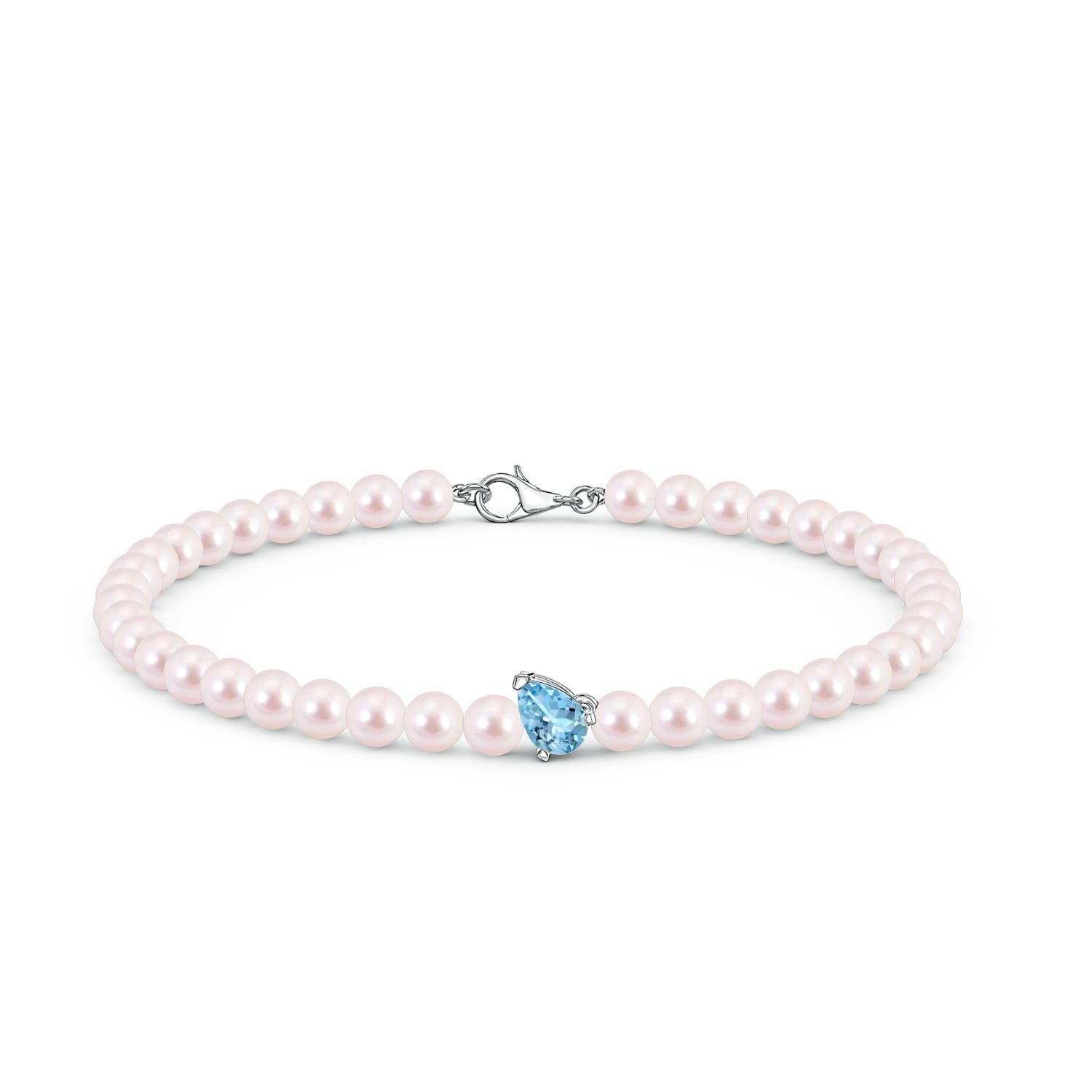 6x4mm AAAA Offset Pear Aquamarine and Akoya Pearl Single Strand Bracelet in 18K White Gold
