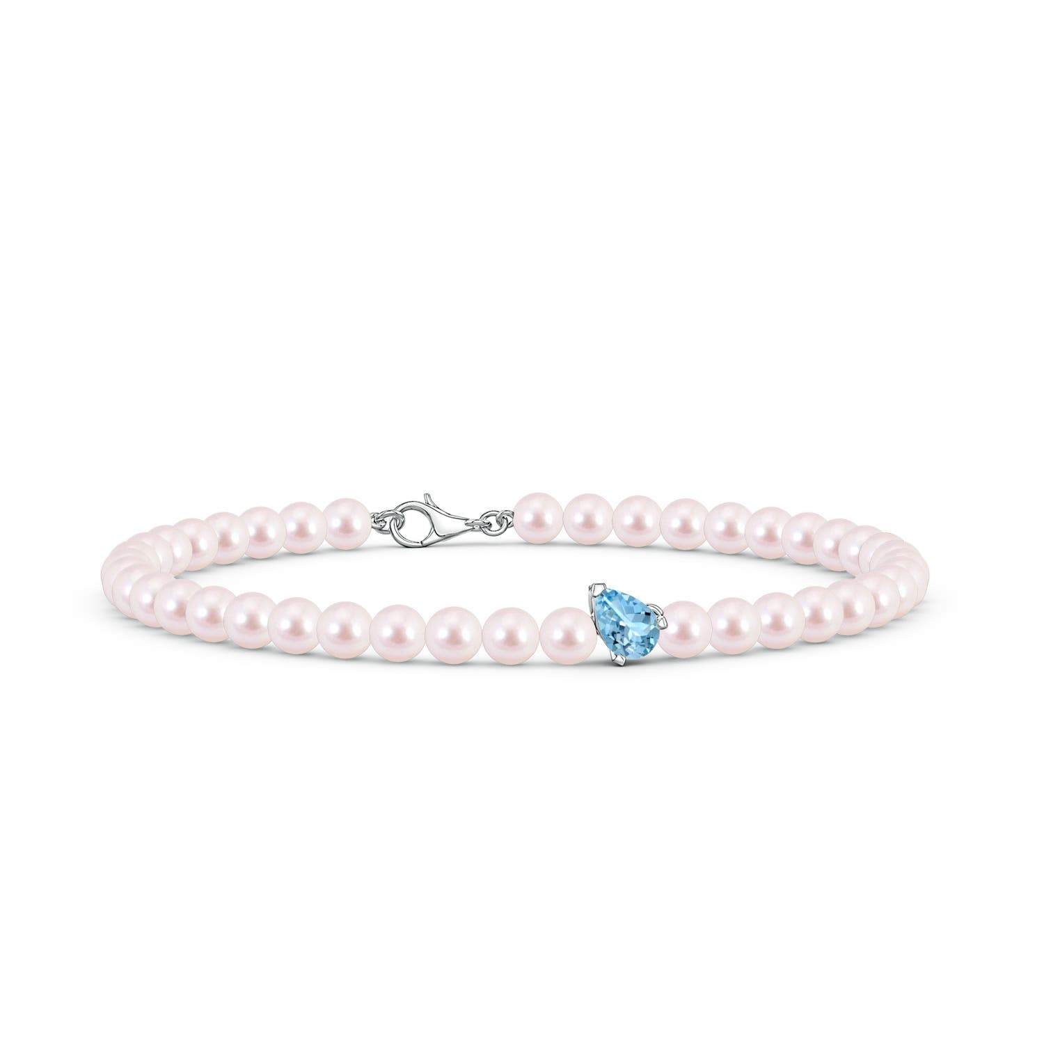 6x4mm AAAA Offset Pear Aquamarine and Akoya Pearl Single Strand Bracelet in White Gold