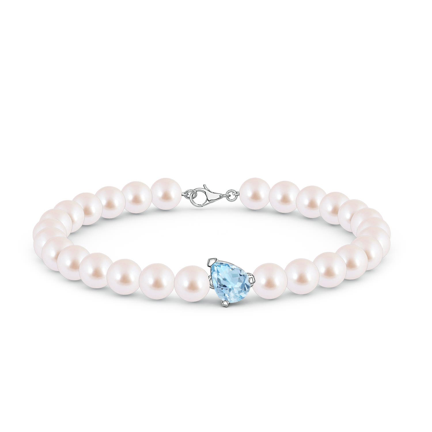 8x6mm AAA Offset Pear Aquamarine and Akoya Pearl Single Strand Bracelet in 18K White Gold