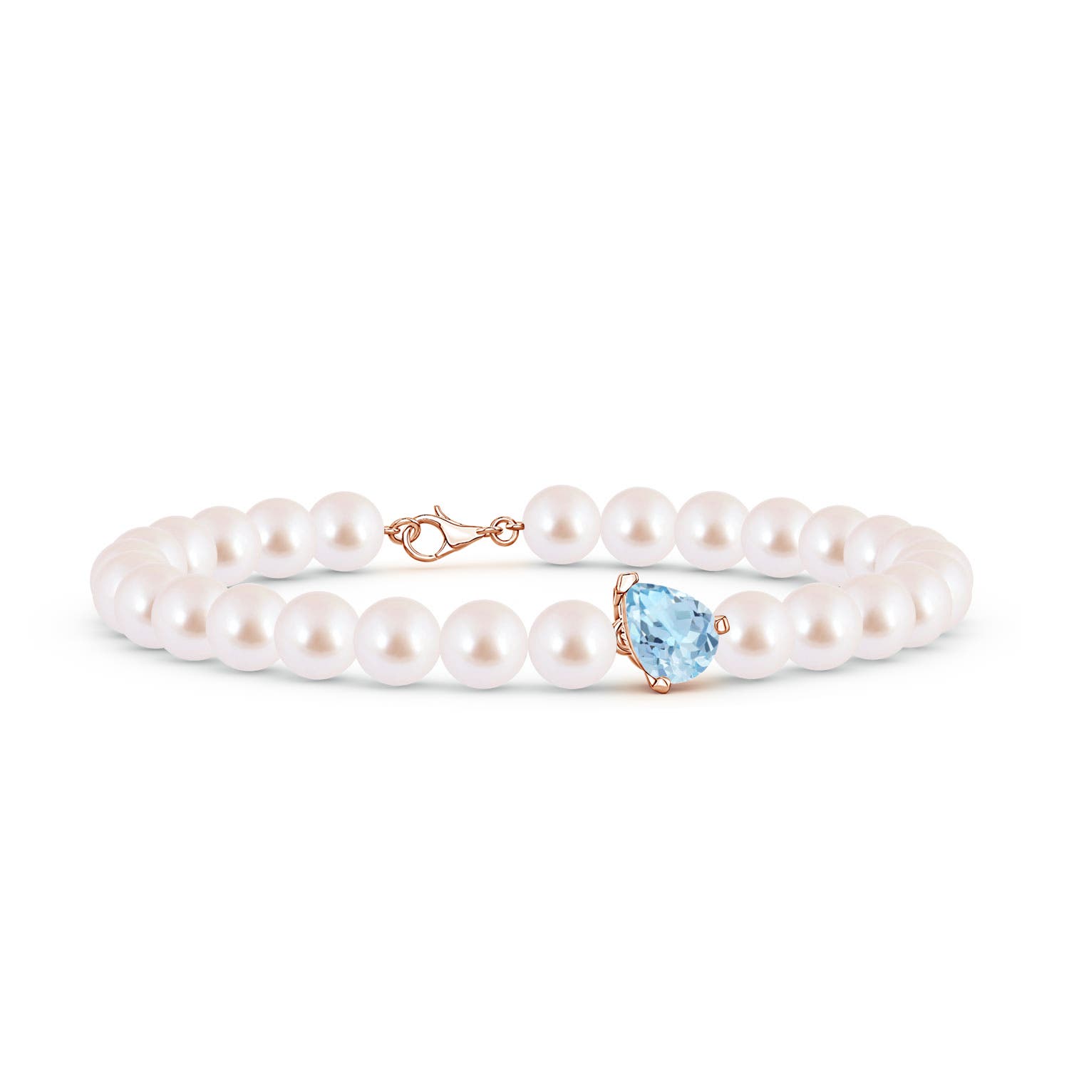 8x6mm AAA Offset Pear Aquamarine and Akoya Pearl Single Strand Bracelet in Rose Gold