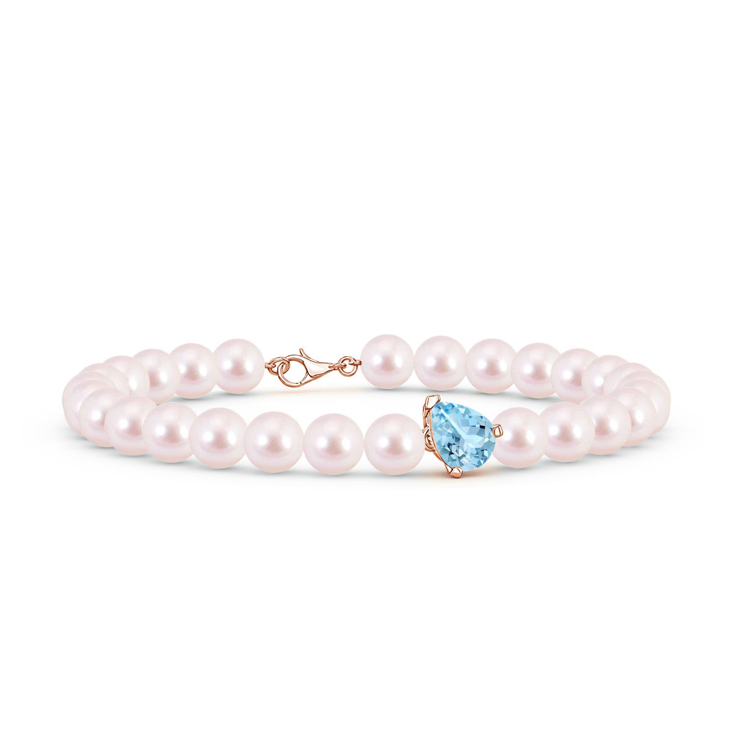 8x6mm AAAA Offset Pear Aquamarine and Akoya Pearl Single Strand Bracelet in 18CT Rose Gold