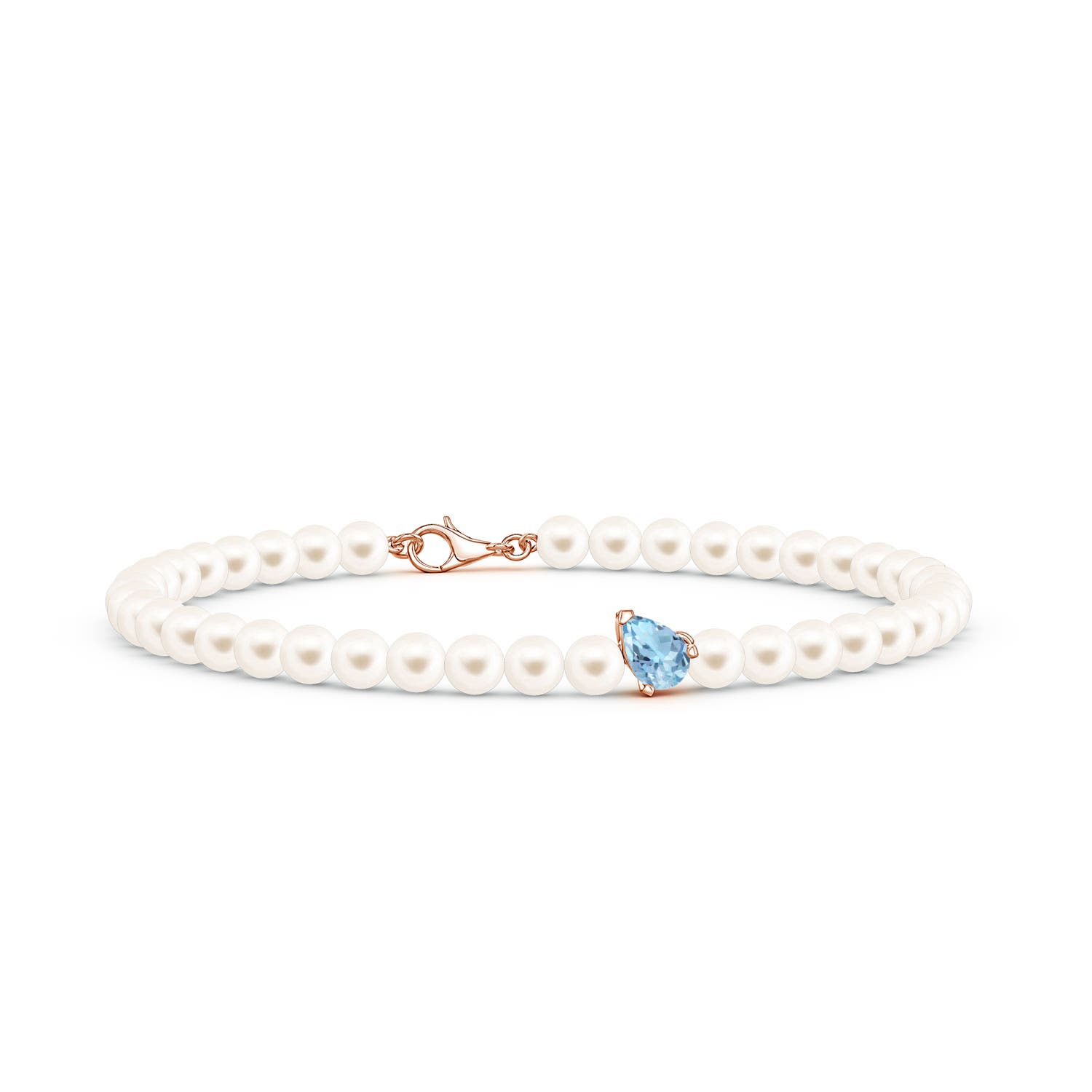6x4mm AAA Offset Pear Aquamarine and Freshwater Pearl Single Strand Bracelet in Rose Gold