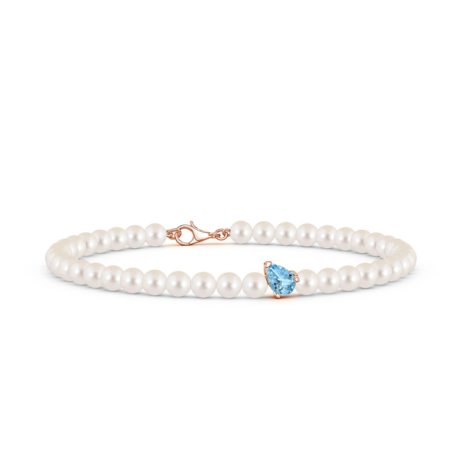 6x4mm AAAA Offset Pear Aquamarine and Freshwater Pearl Single Strand Bracelet in Rose Gold