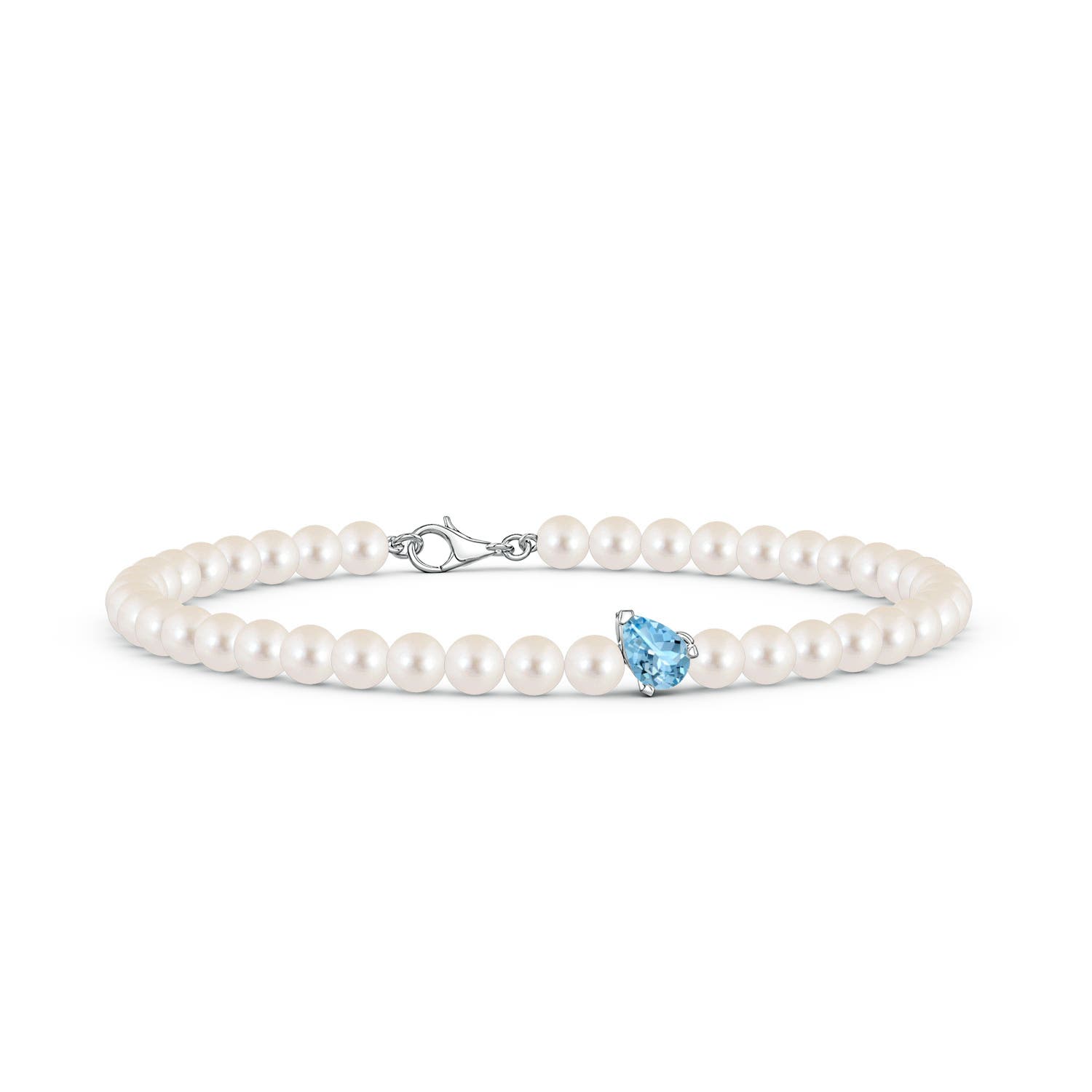 6x4mm AAAA Offset Pear Aquamarine and Freshwater Pearl Single Strand Bracelet in White Gold