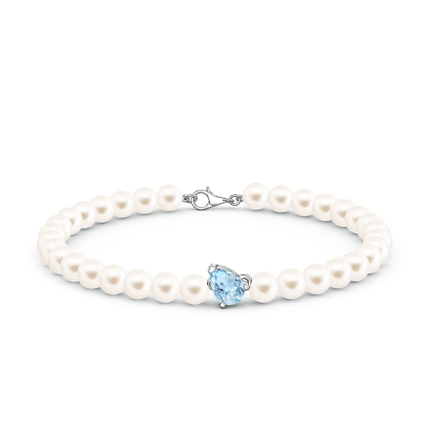 7x5mm AAA Offset Pear Aquamarine and Freshwater Pearl Single Strand Bracelet in White Gold