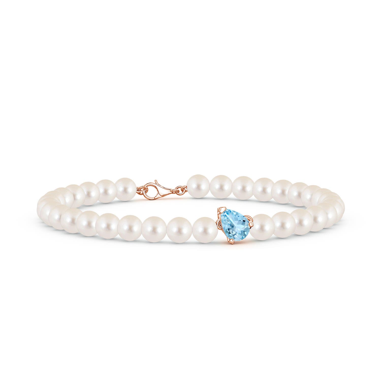 7x5mm AAAA Offset Pear Aquamarine and Freshwater Pearl Single Strand Bracelet in 18K Rose Gold