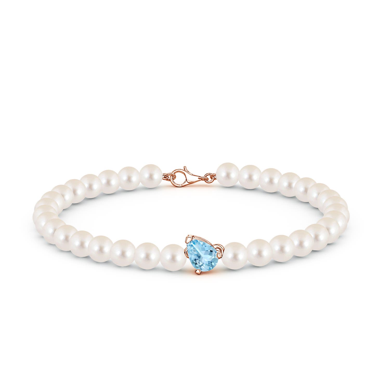 7x5mm AAAA Offset Pear Aquamarine and Freshwater Pearl Single Strand Bracelet in 18K Rose Gold