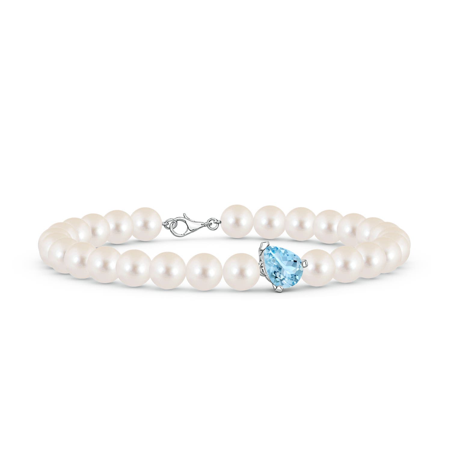 8x6mm AAAA Offset Pear Aquamarine and Freshwater Pearl Single Strand Bracelet in 18K White Gold