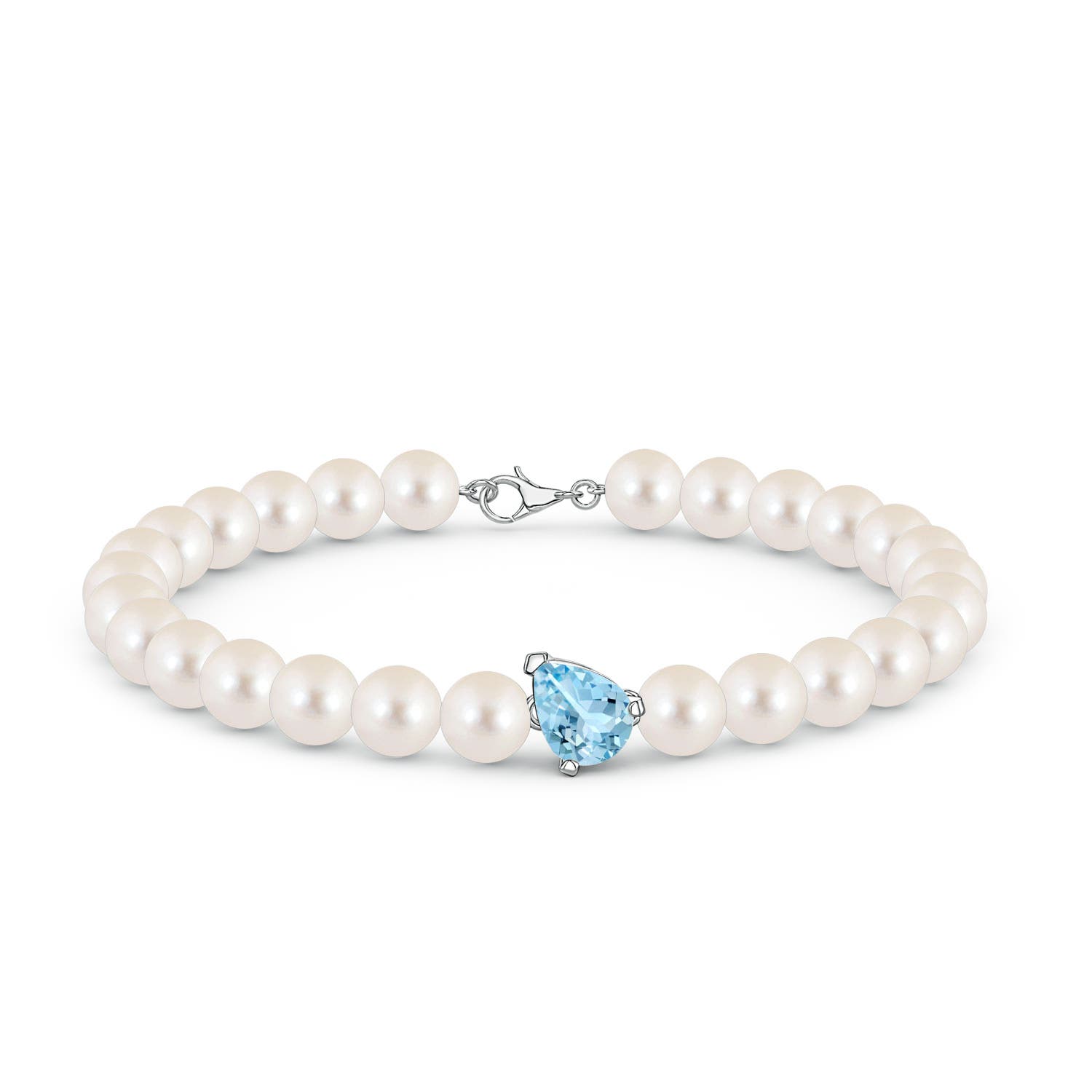 8x6mm AAAA Offset Pear Aquamarine and Freshwater Pearl Single Strand Bracelet in 18K White Gold
