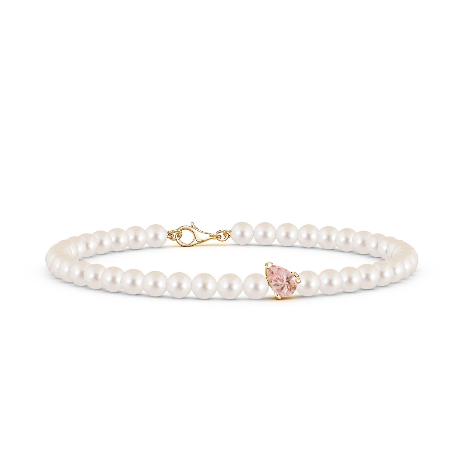 6x4mm AAAA Offset Pear Morganite and Freshwater Pearl Single Strand Bracelet in 18K Yellow Gold