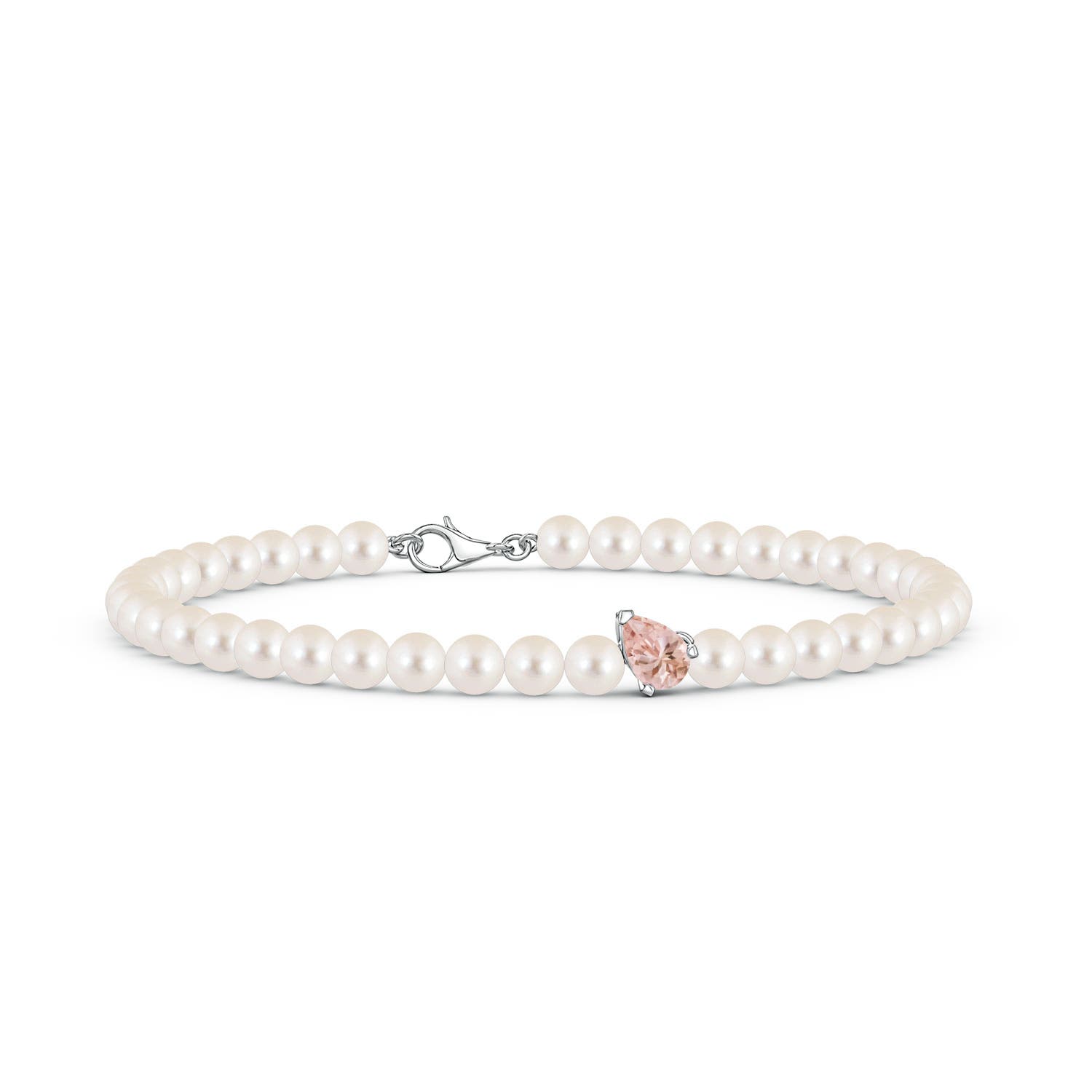 6x4mm AAAA Offset Pear Morganite and Freshwater Pearl Single Strand Bracelet in White Gold