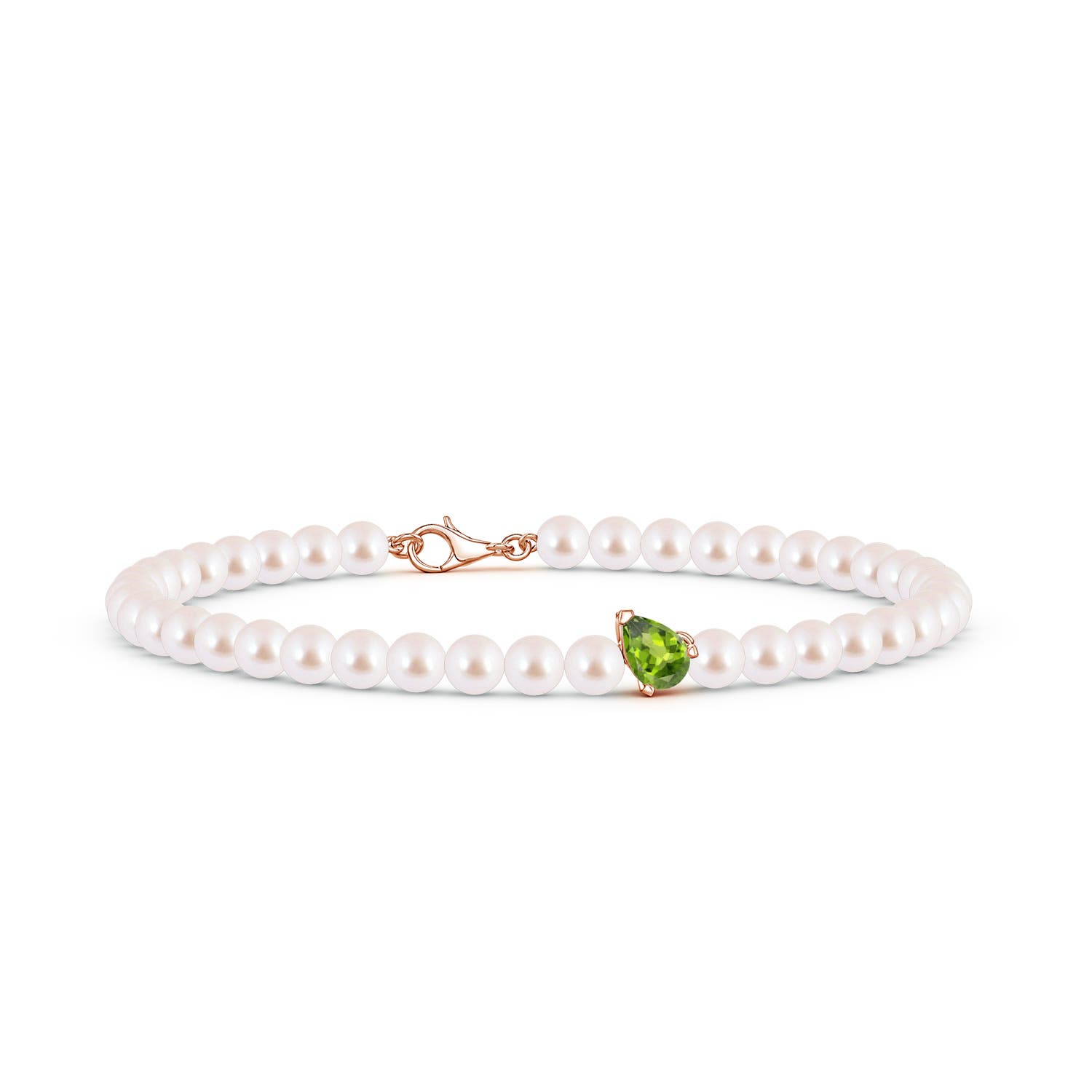 6x4mm AAA Offset Pear Peridot and Akoya Pearl Single Strand Bracelet in Rose Gold