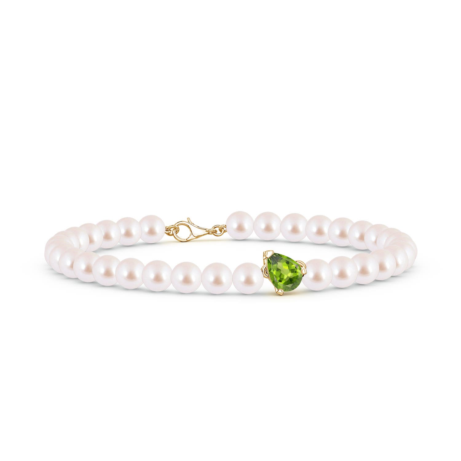 7x5mm AAA Offset Pear Peridot and Akoya Pearl Single Strand Bracelet in Yellow Gold