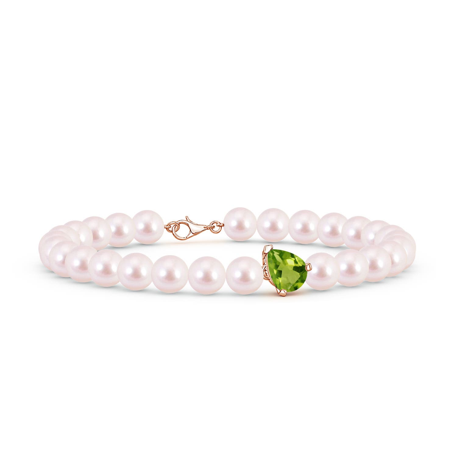 8x6mm AAAA Offset Pear Peridot and Akoya Pearl Single Strand Bracelet in Rose Gold