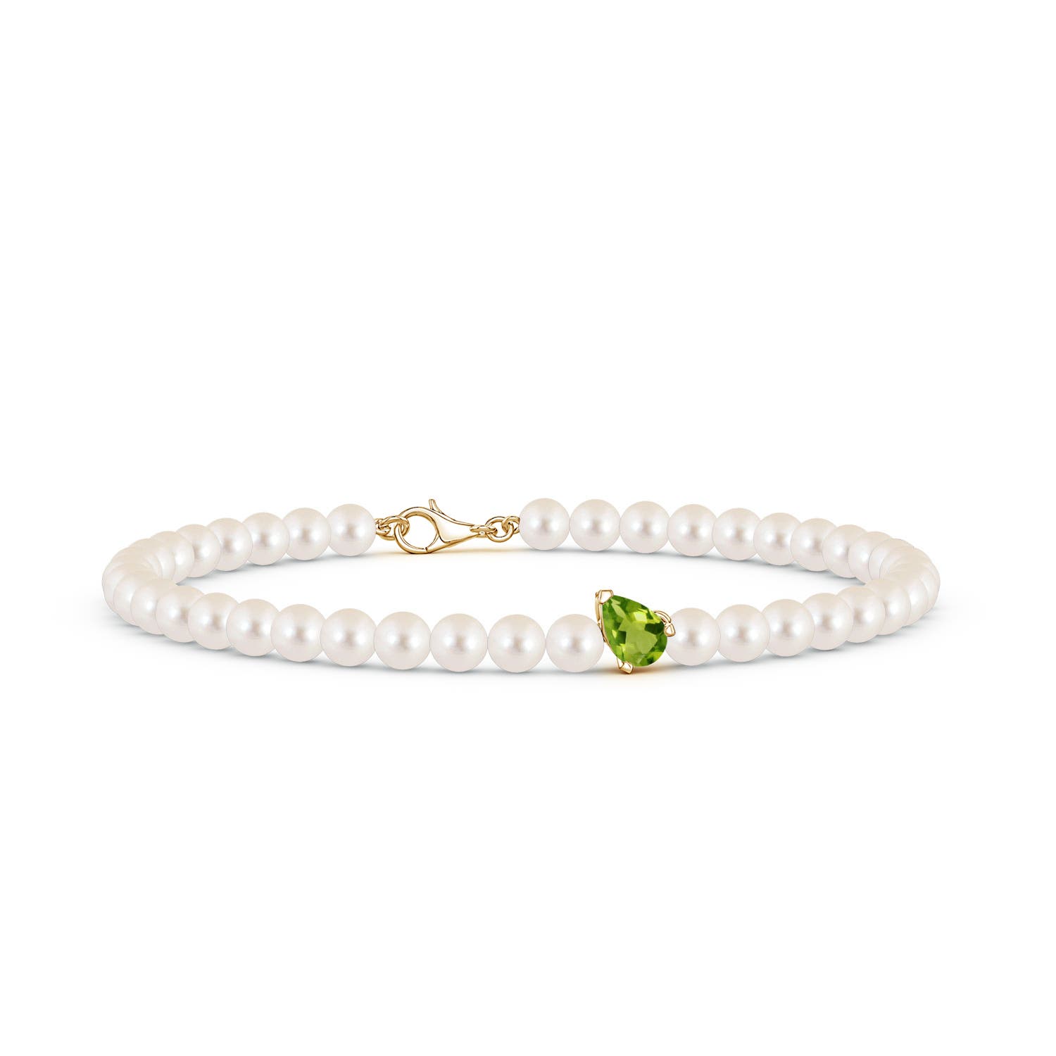 6x4mm AAAA Offset Pear Peridot and Freshwater Pearl Single Strand Bracelet in 18K Yellow Gold