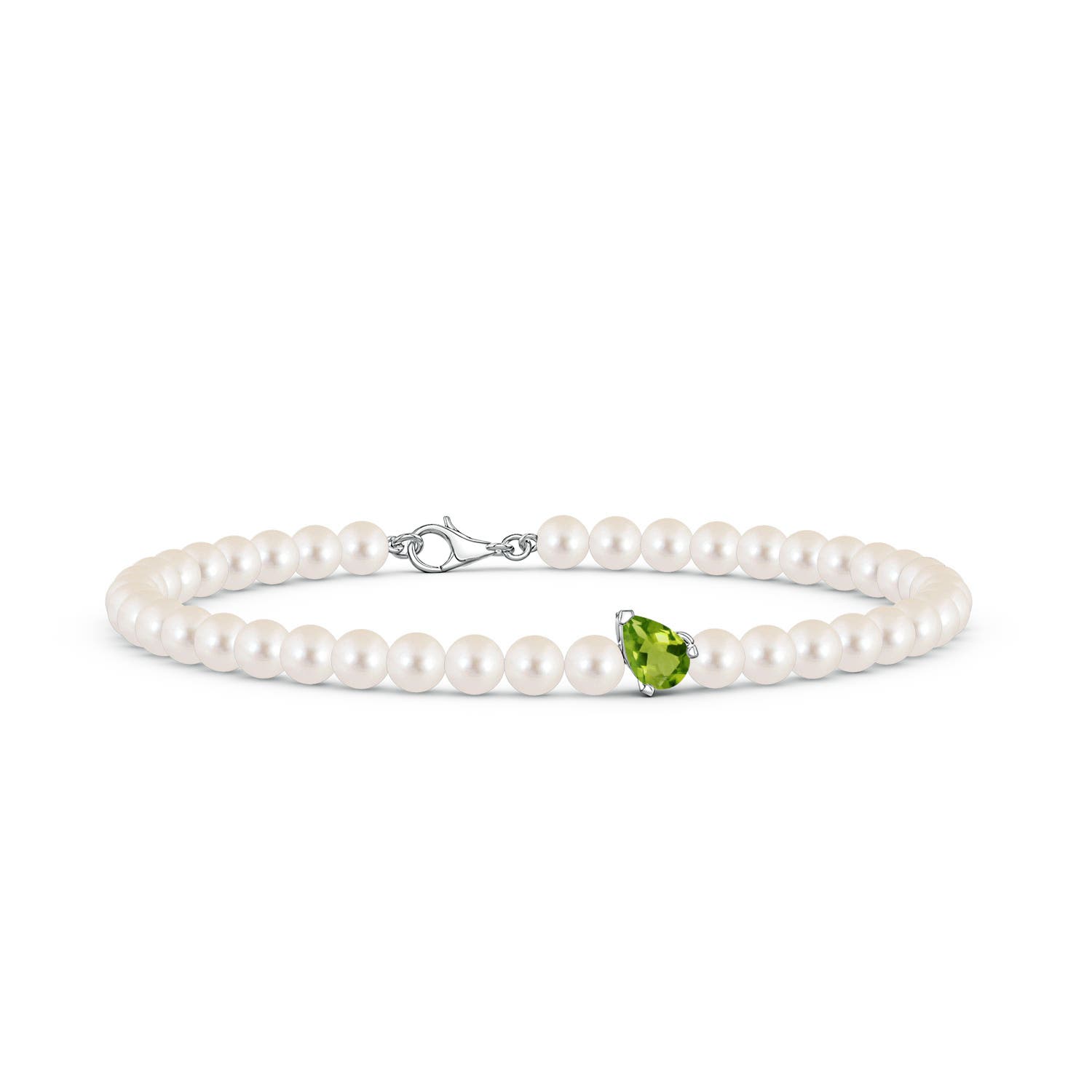 6x4mm AAAA Offset Pear Peridot and Freshwater Pearl Single Strand Bracelet in White Gold