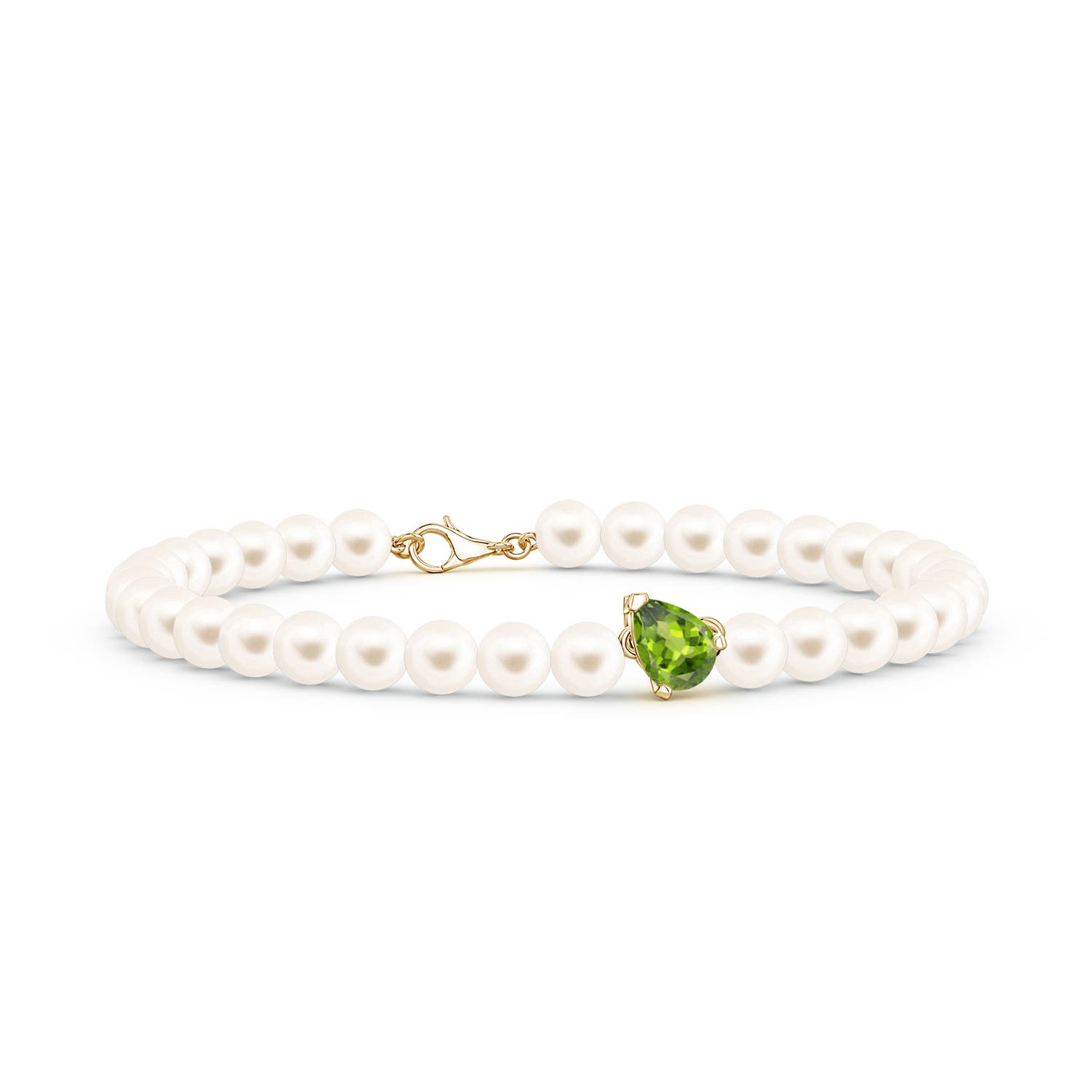 7x5mm AAA Offset Pear Peridot and Freshwater Pearl Single Strand Bracelet in Yellow Gold