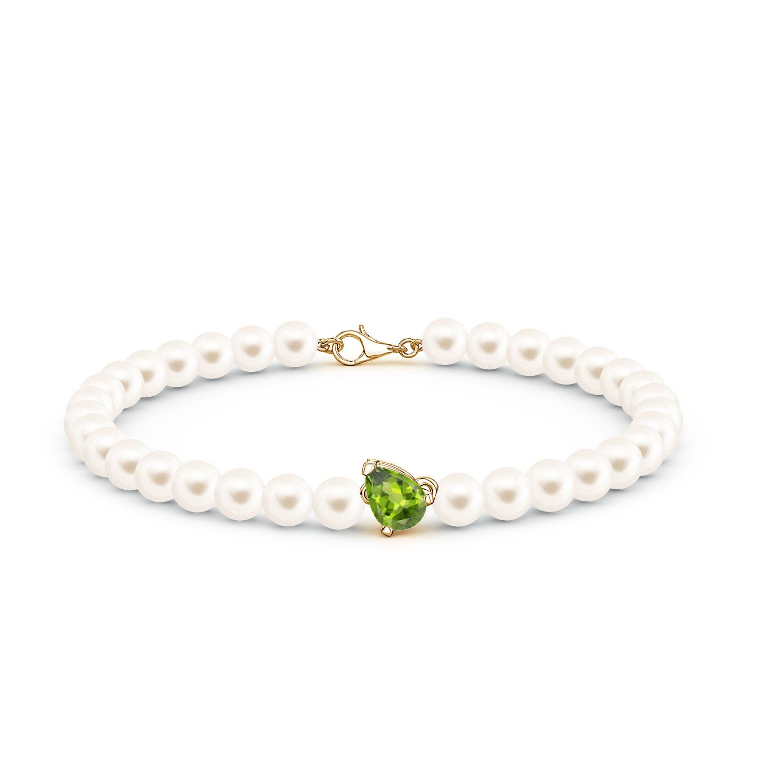 7x5mm AAA Offset Pear Peridot and Freshwater Pearl Single Strand Bracelet in Yellow Gold - side 2