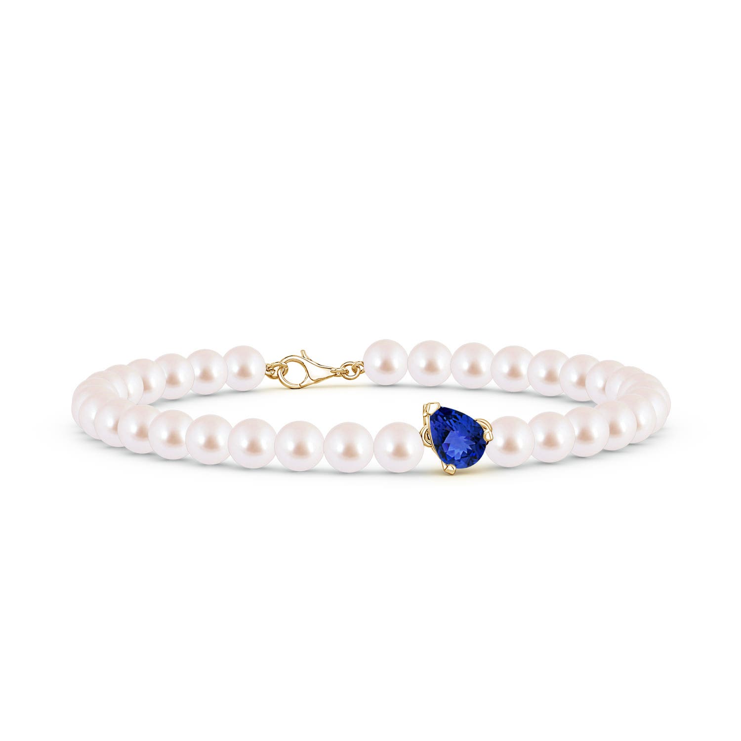7x5mm AAA Offset Pear Tanzanite and Akoya Pearl Single Strand Bracelet in Yellow Gold