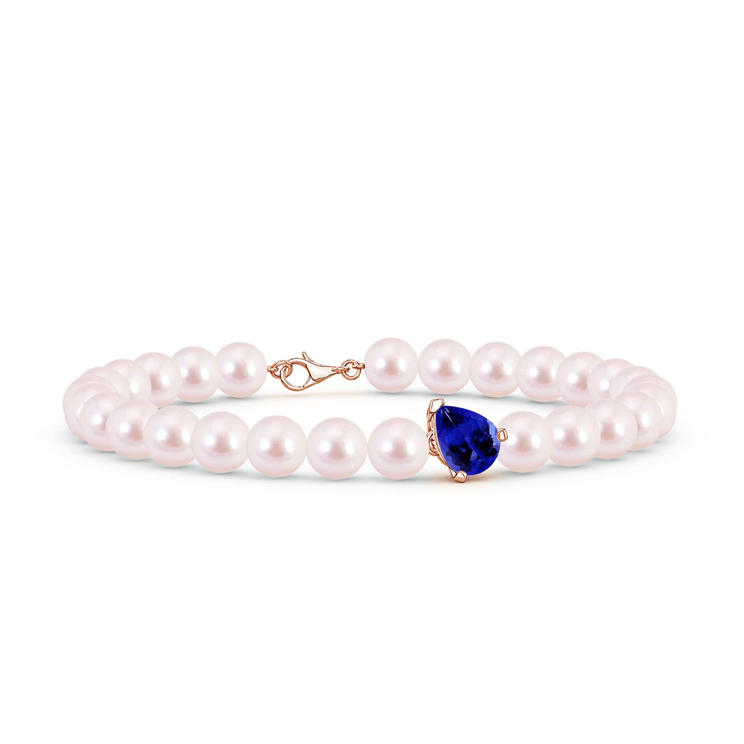 8x6mm AAAA Offset Pear Tanzanite and Akoya Pearl Single Strand Bracelet in 18K Rose Gold