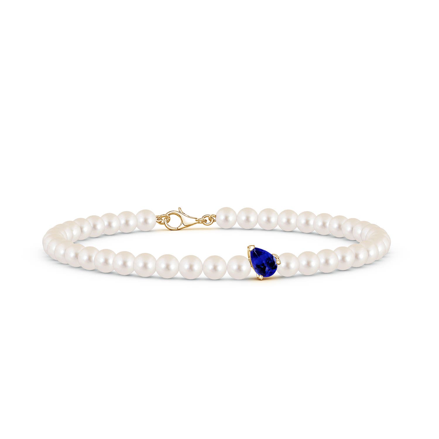 6x4mm AAAA Offset Pear Tanzanite and Freshwater Pearl Single Strand Bracelet in 18K Yellow Gold