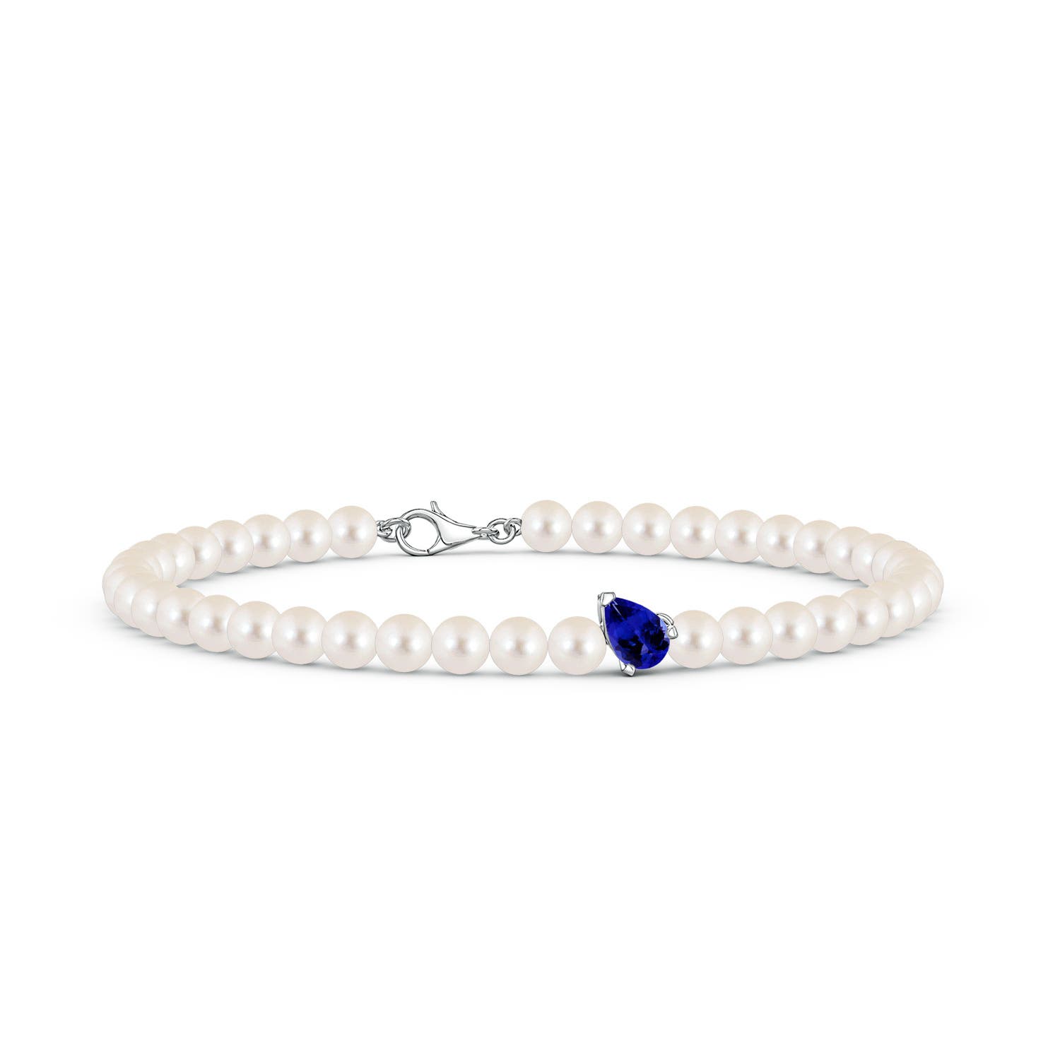 6x4mm AAAA Offset Pear Tanzanite and Freshwater Pearl Single Strand Bracelet in White Gold