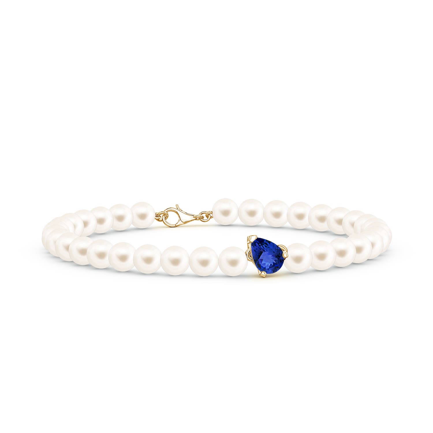 7x5mm AAA Offset Pear Tanzanite and Freshwater Pearl Single Strand Bracelet in Yellow Gold
