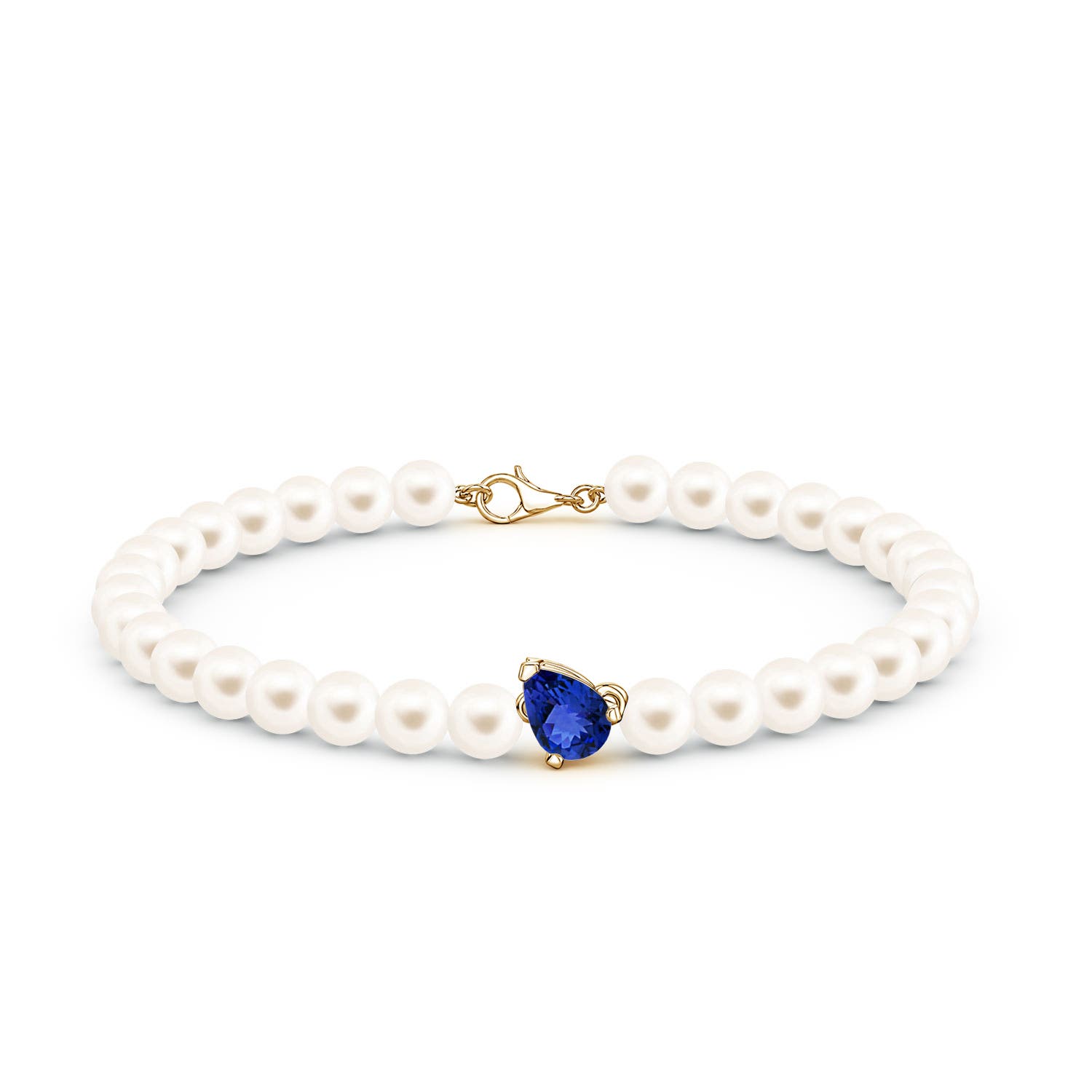 7x5mm AAA Offset Pear Tanzanite and Freshwater Pearl Single Strand Bracelet in Yellow Gold - side 2