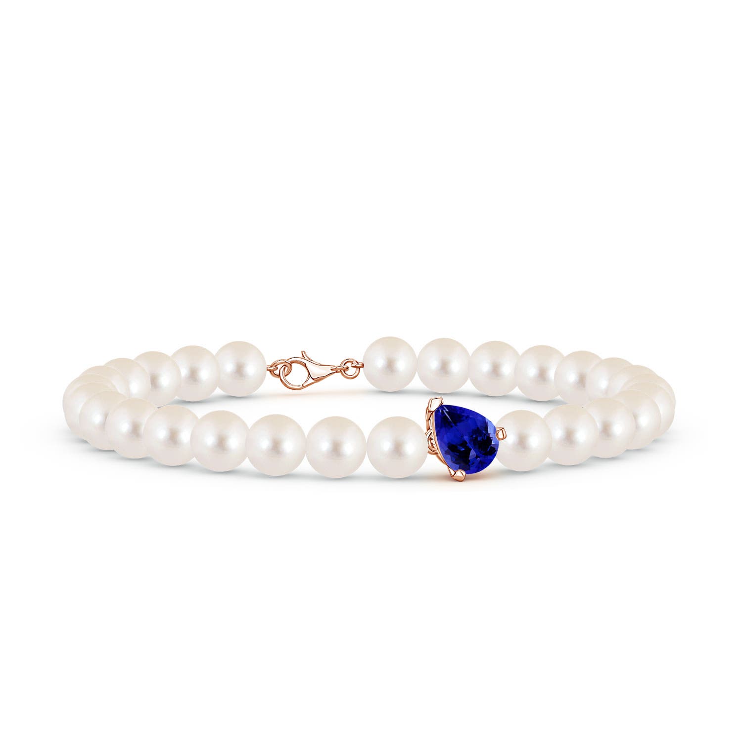 8x6mm AAAA Offset Pear Tanzanite and Freshwater Pearl Single Strand Bracelet in 18CT Rose Gold
