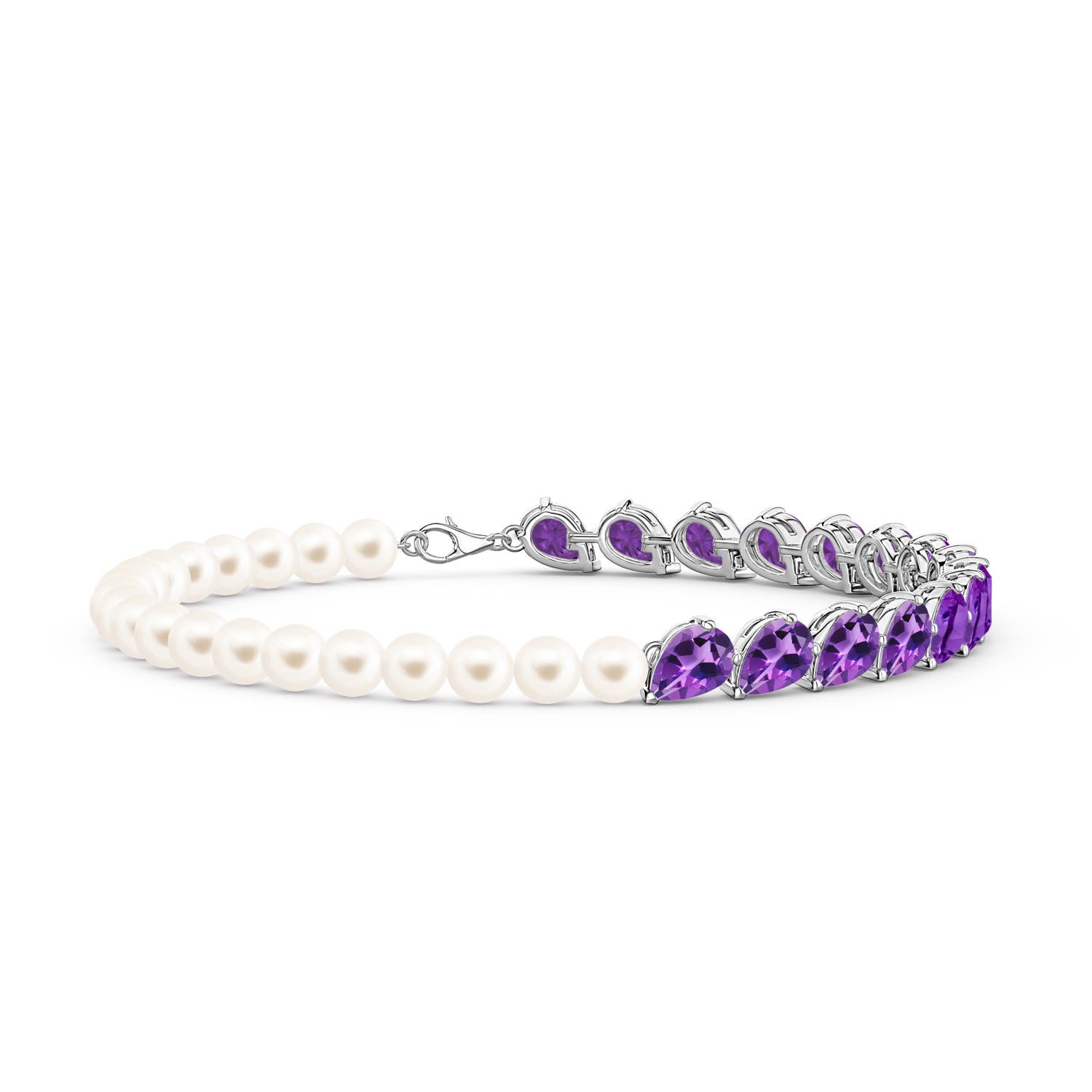 7x5mm AAA Tilted Pear Amethyst and Freshwater Pearl Tennis Bracelet in White Gold