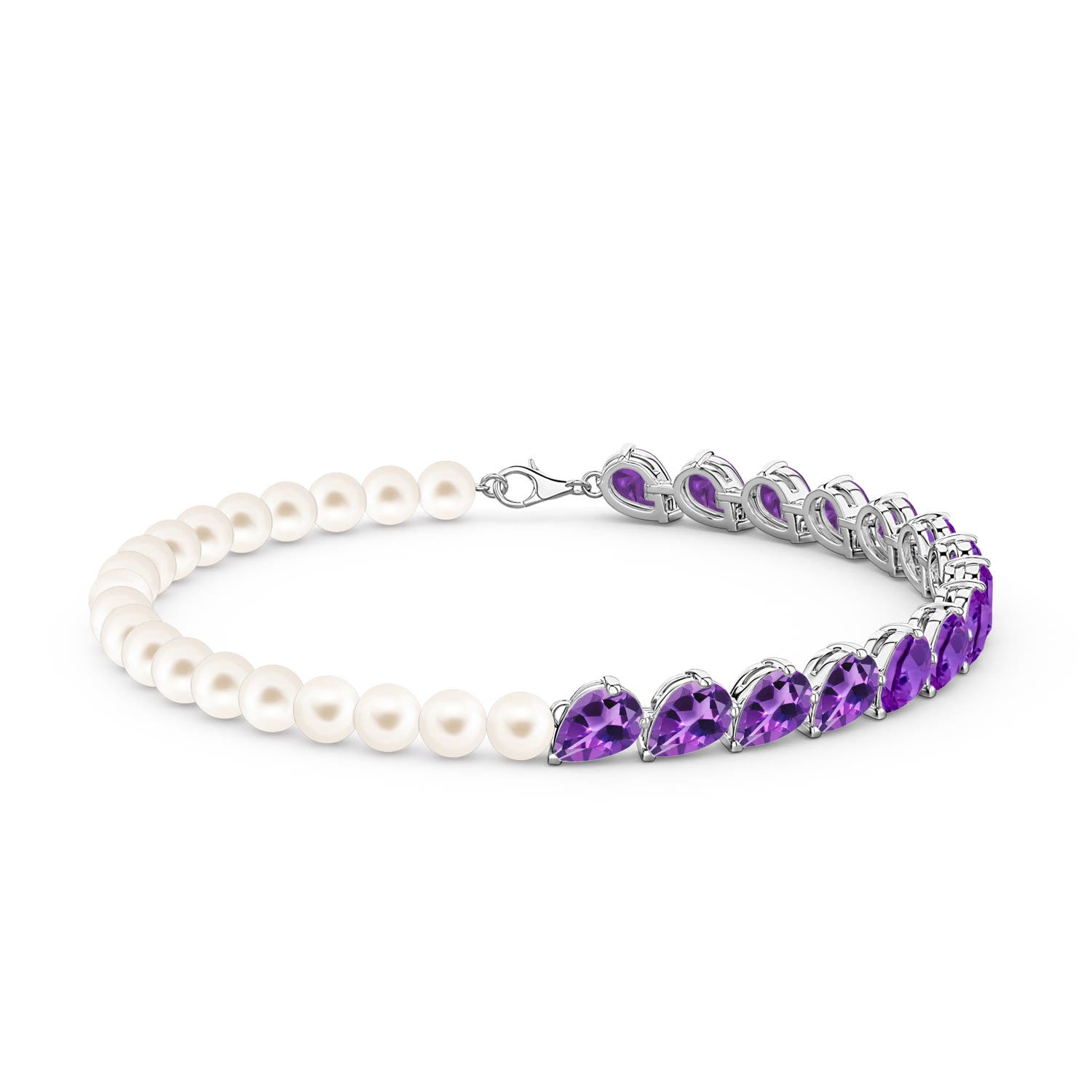 7x5mm AAA Tilted Pear Amethyst and Freshwater Pearl Tennis Bracelet in White Gold