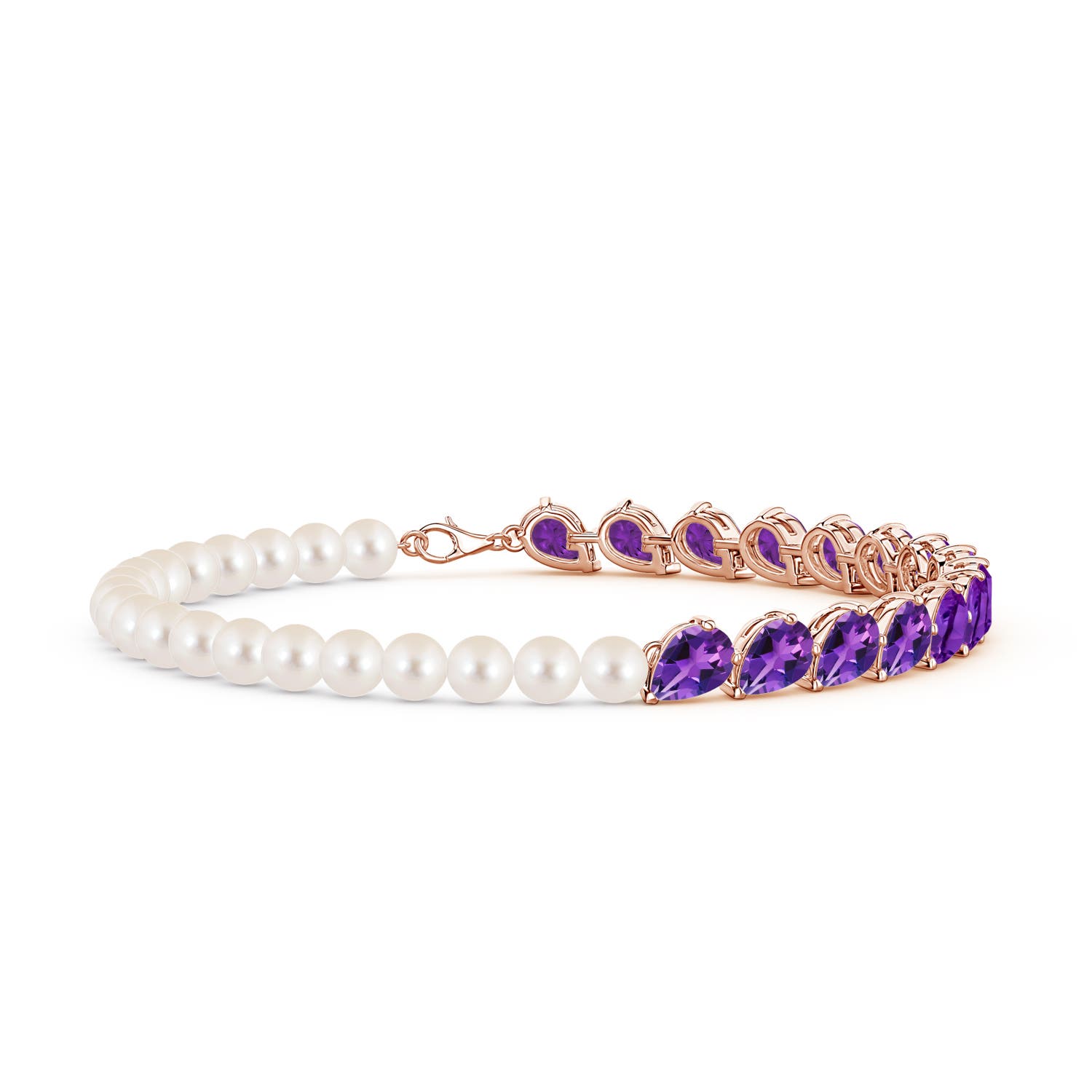 7x5mm AAAA Tilted Pear Amethyst and Freshwater Pearl Tennis Bracelet in Rose Gold