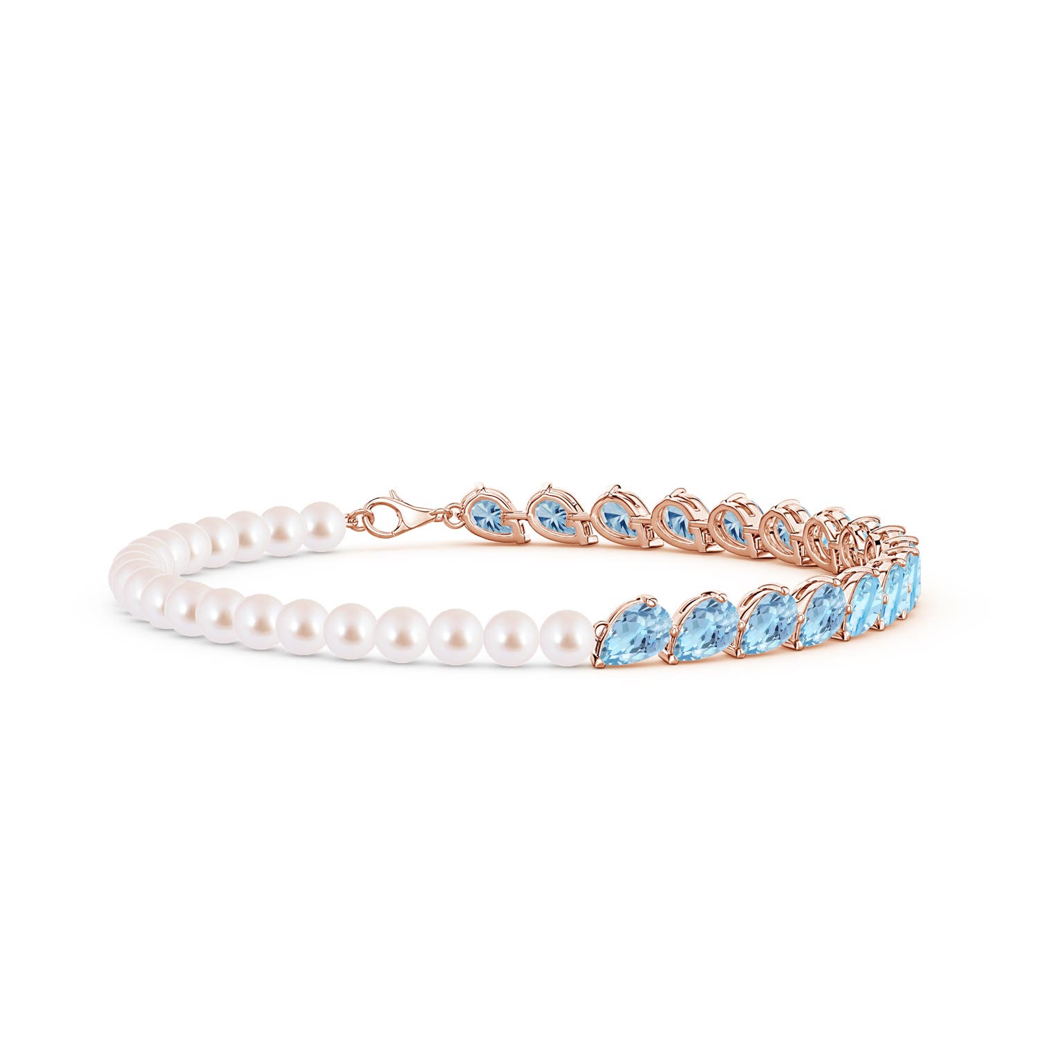 6x4mm AAA Tilted Pear Aquamarine and Akoya Pearl Tennis Bracelet in Rose Gold
