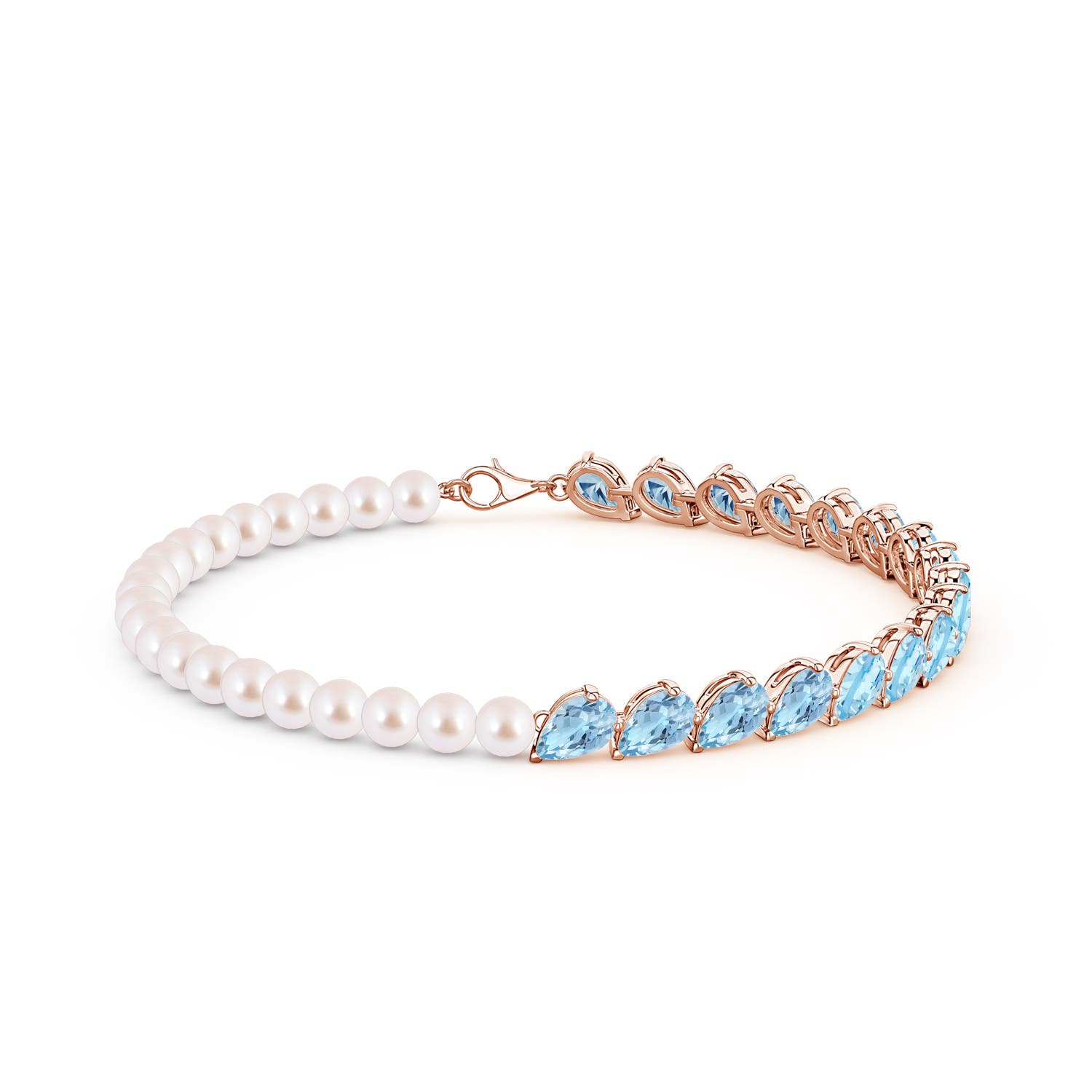 6x4mm AAA Tilted Pear Aquamarine and Akoya Pearl Tennis Bracelet in Rose Gold