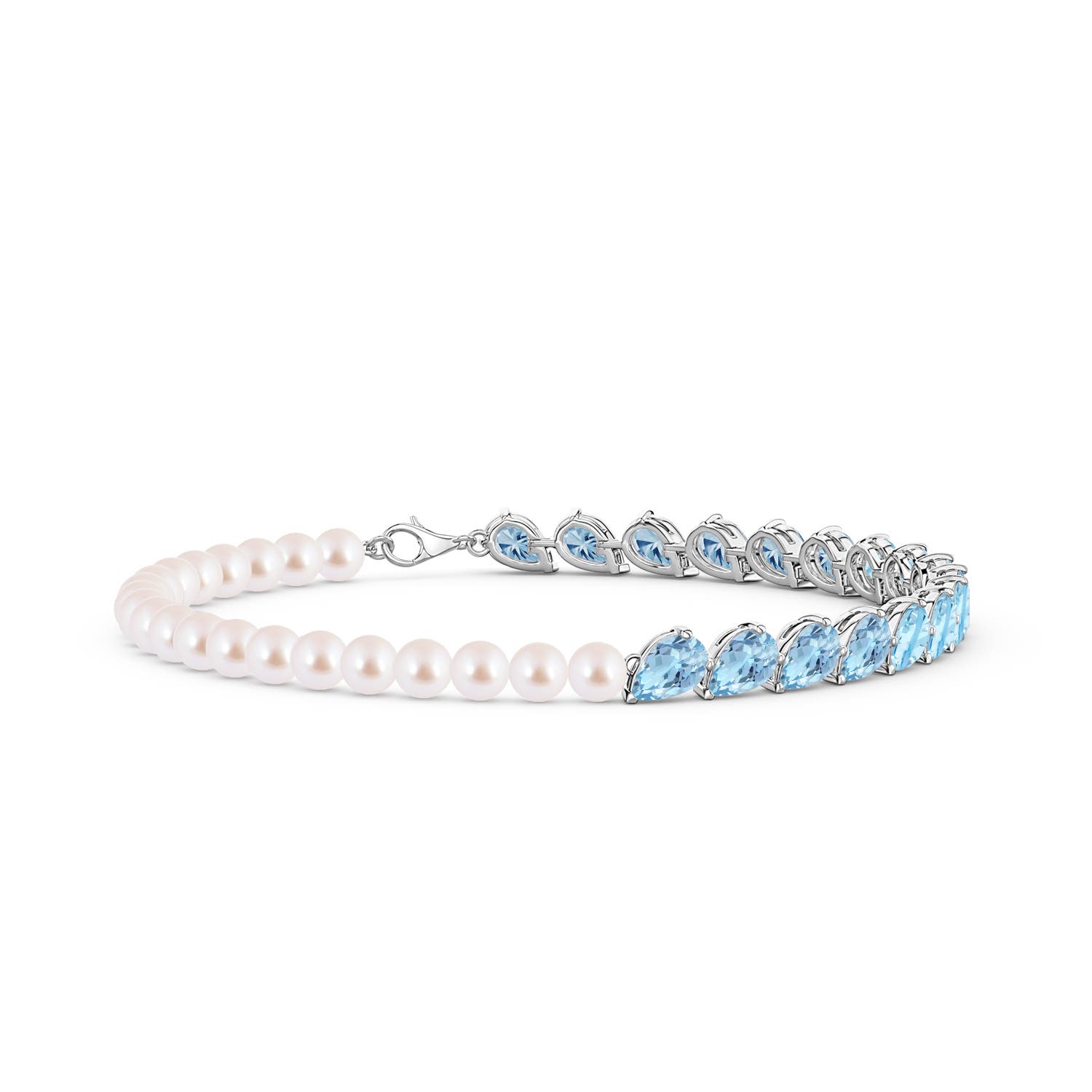 6x4mm AAA Tilted Pear Aquamarine and Akoya Pearl Tennis Bracelet in White Gold