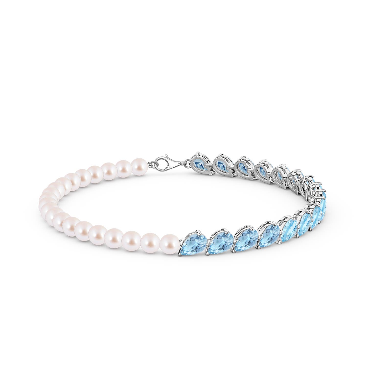 6x4mm AAA Tilted Pear Aquamarine and Akoya Pearl Tennis Bracelet in White Gold