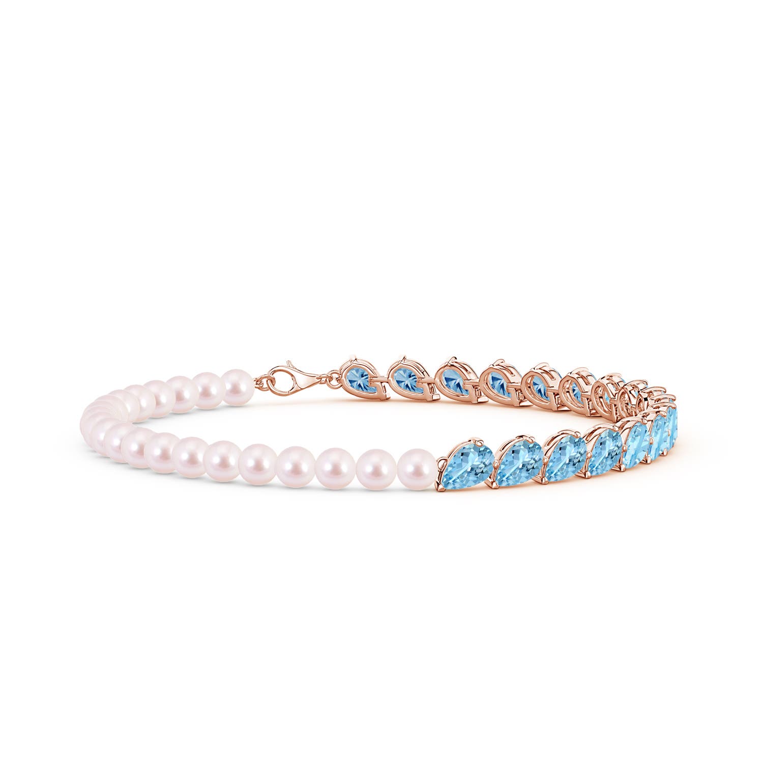 6x4mm AAAA Tilted Pear Aquamarine and Akoya Pearl Tennis Bracelet in Rose Gold