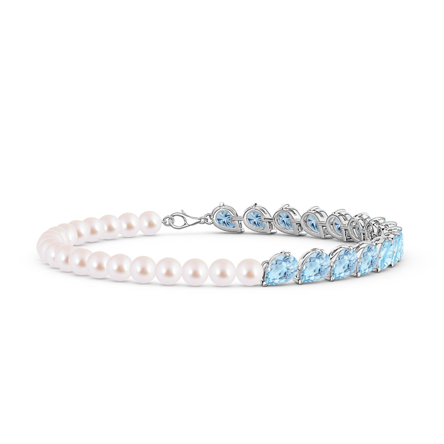 7x5mm AAA Tilted Pear Aquamarine and Akoya Pearl Tennis Bracelet in White Gold
