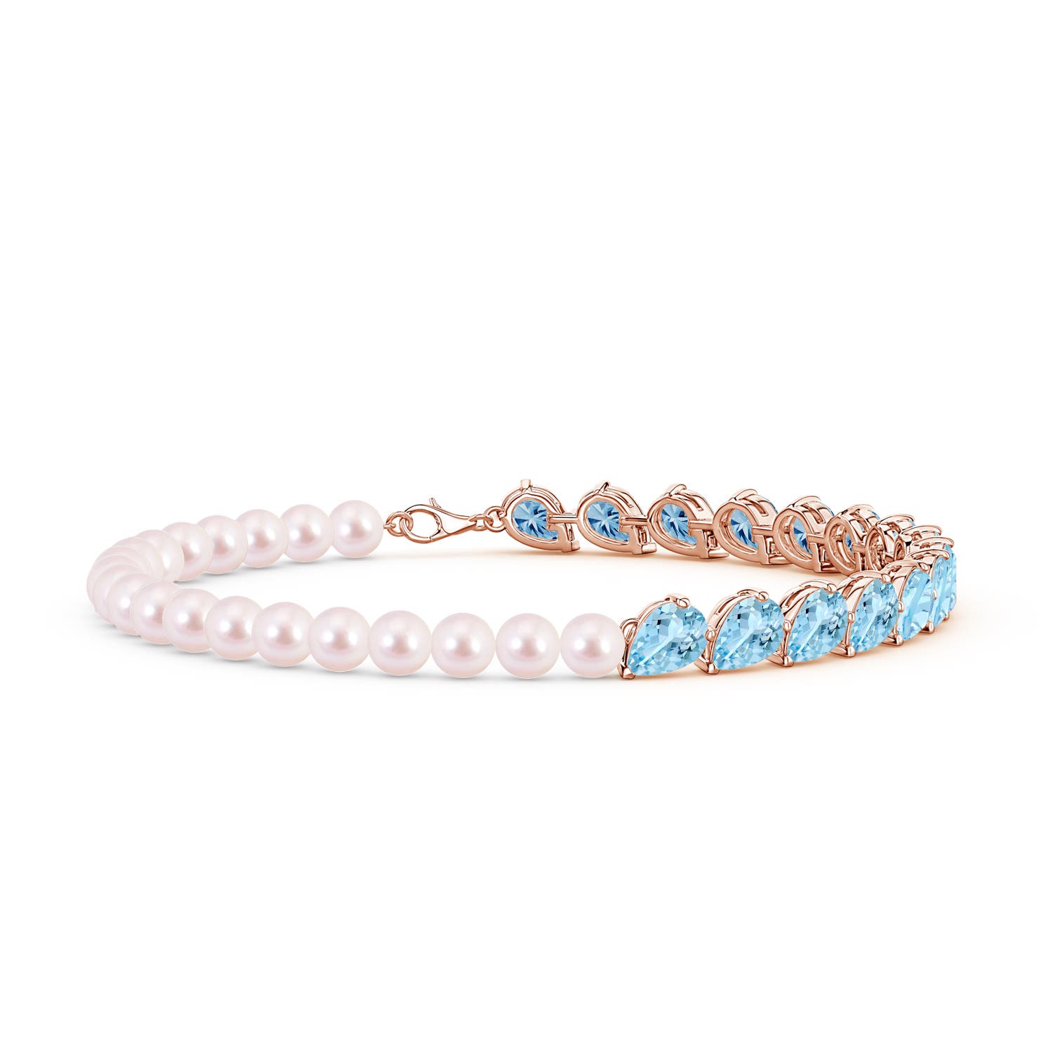 7x5mm AAAA Tilted Pear Aquamarine and Akoya Pearl Tennis Bracelet in 18CT Rose Gold